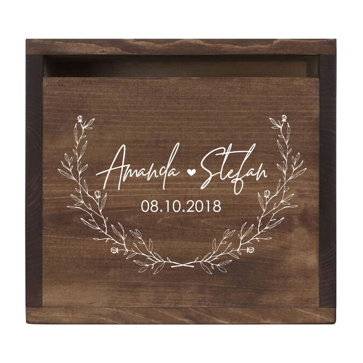 Personalized Wooden Card Box for Wedding Ceremonies, Venues, Receptions, Bridal Showers, and Engagement Parties 13.5x12 - Amanda & Stefan (Leaves) - LifeSong Milestones