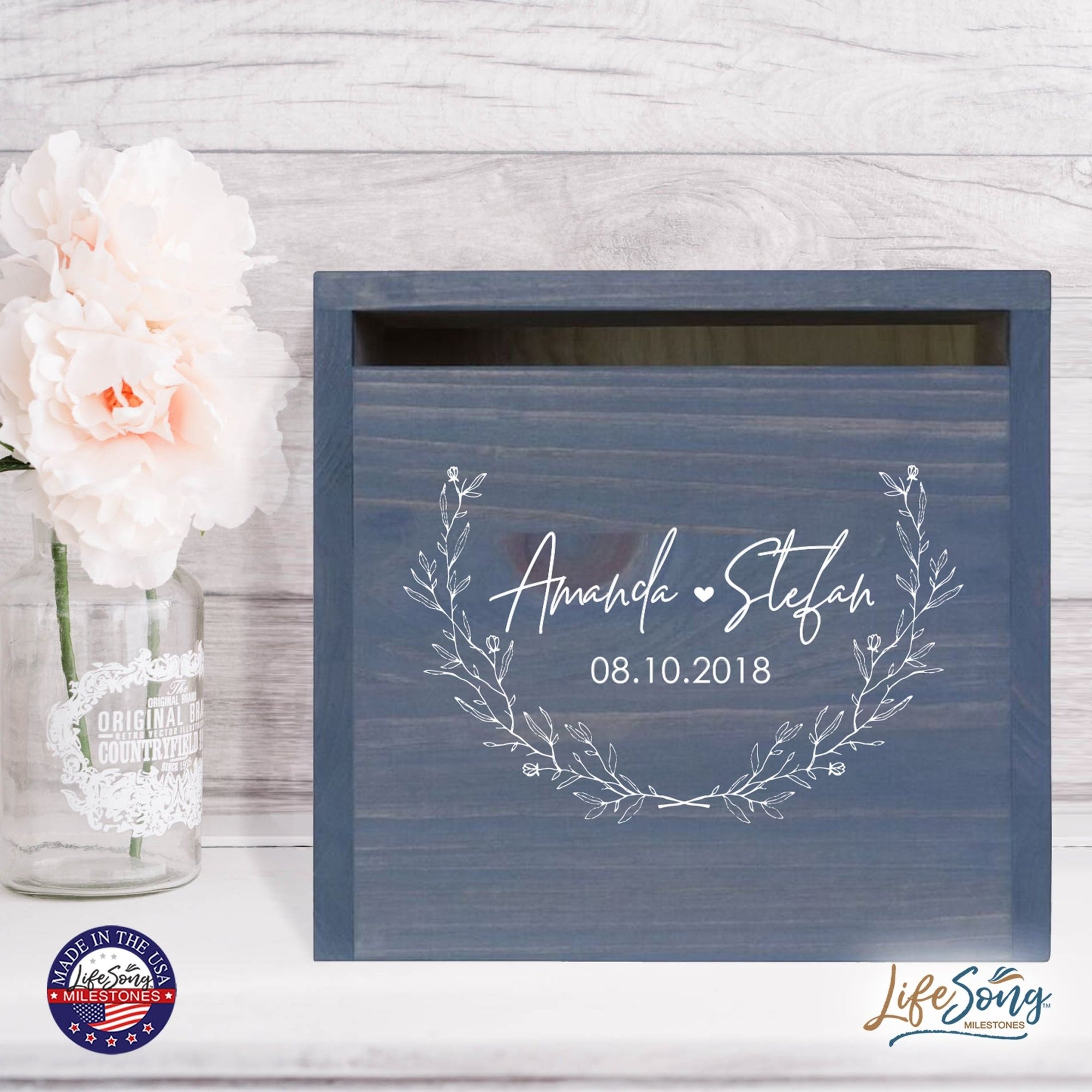 Personalized Wooden Card Box for Wedding Ceremonies, Venues, Receptions, Bridal Showers, and Engagement Parties 13.5x12 - Amanda & Stefan (Leaves) - LifeSong Milestones