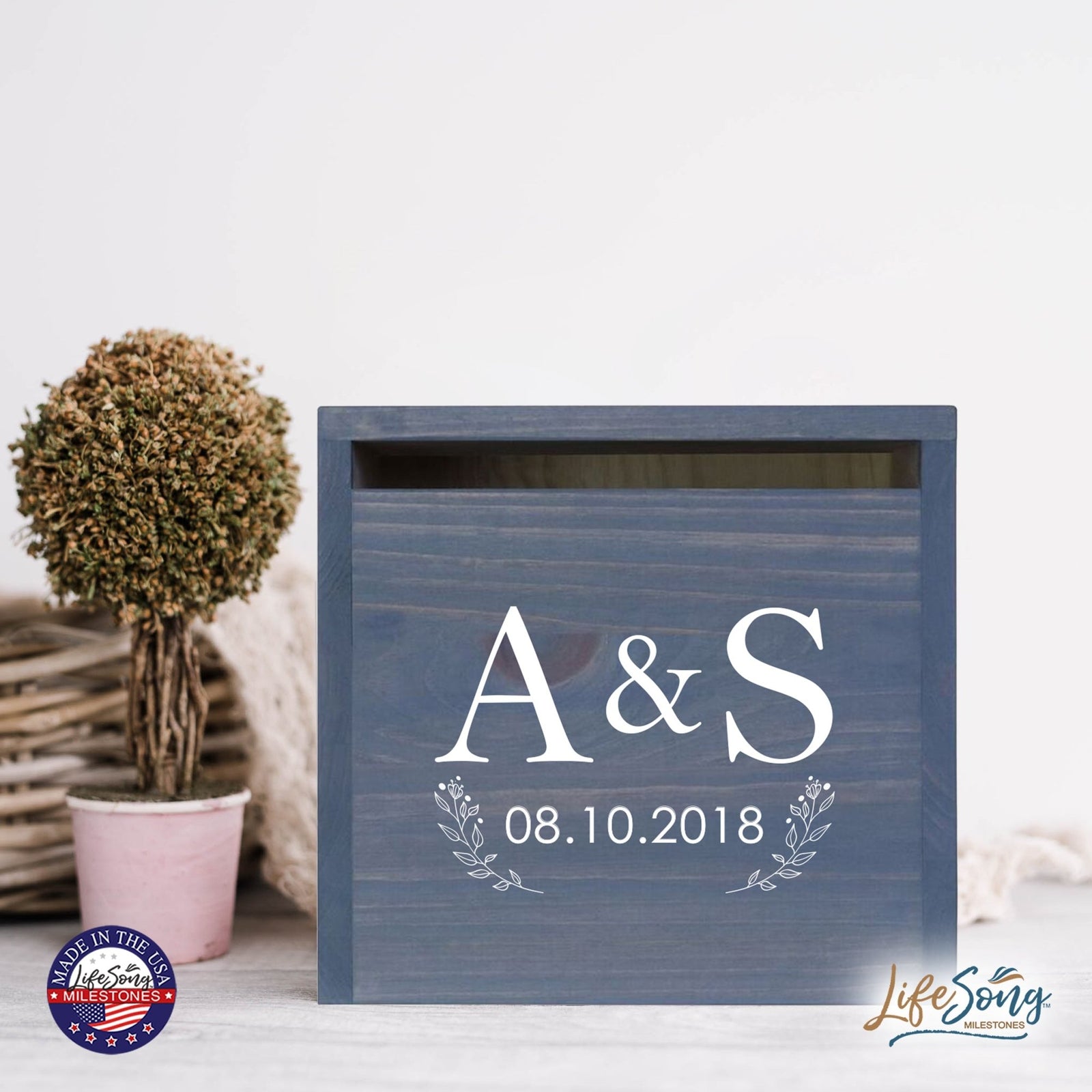 Personalized Wooden Card Box for Wedding Ceremonies, Venues, Receptions, Bridal Showers, and Engagement Parties 13.5x12 - A&S (Flowers) - LifeSong Milestones