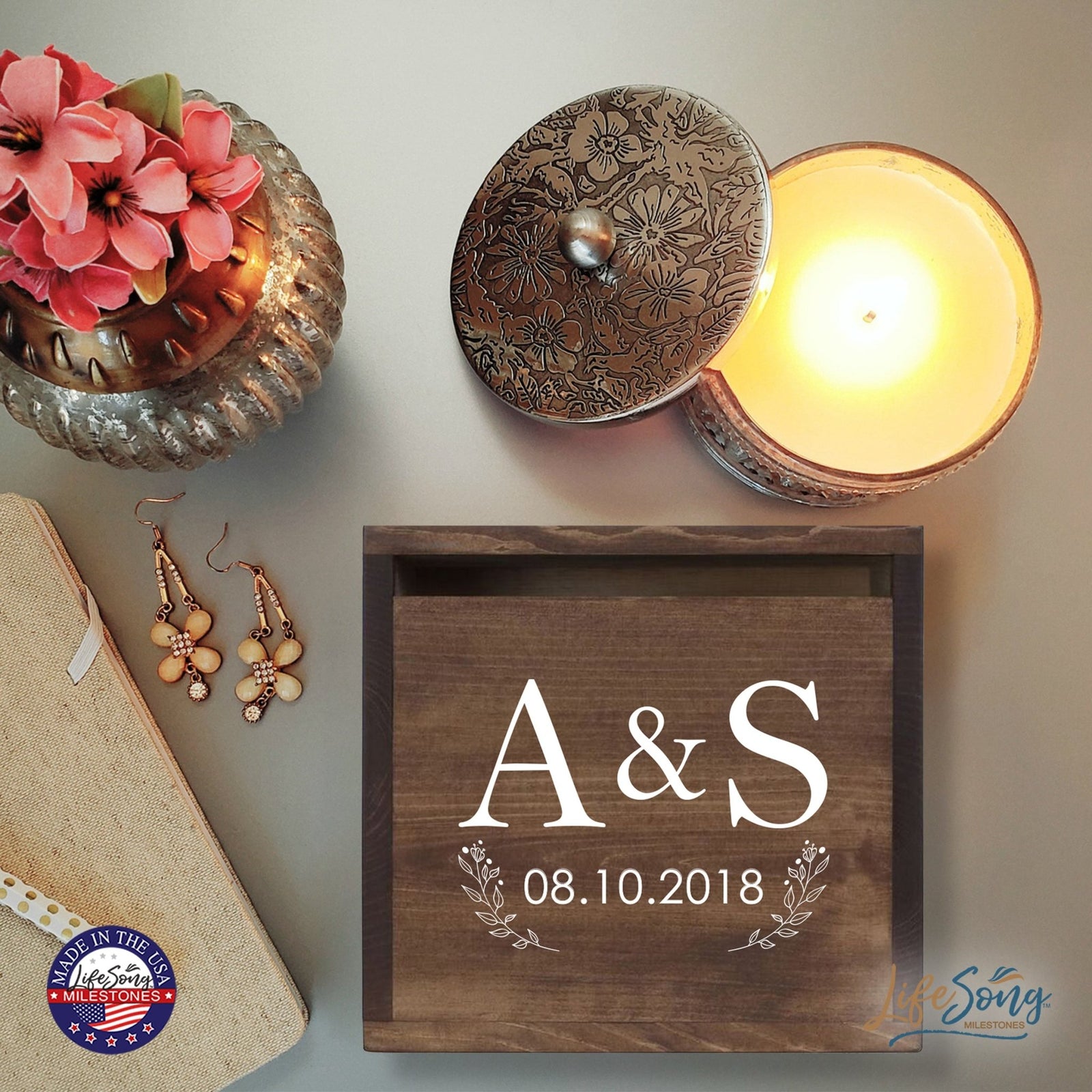 Personalized Wooden Card Box for Wedding Ceremonies, Venues, Receptions, Bridal Showers, and Engagement Parties 13.5x12 - A&S (Flowers) - LifeSong Milestones