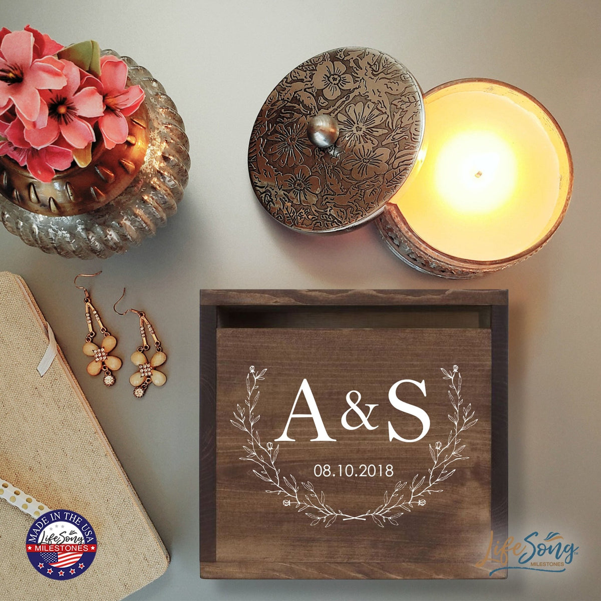 Personalized Wooden Card Box for Wedding Ceremonies, Venues, Receptions, Bridal Showers, and Engagement Parties 13.5x12 - A&S (Leaves) - LifeSong Milestones