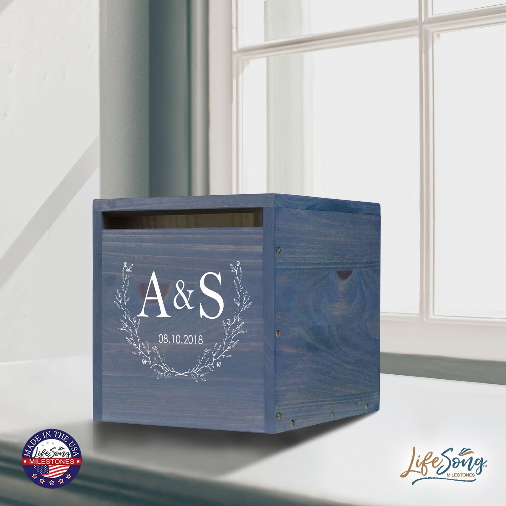 Personalized Wooden Card Box for Wedding Ceremonies, Venues, Receptions, Bridal Showers, and Engagement Parties 13.5x12 - A&S (Leaves) - LifeSong Milestones