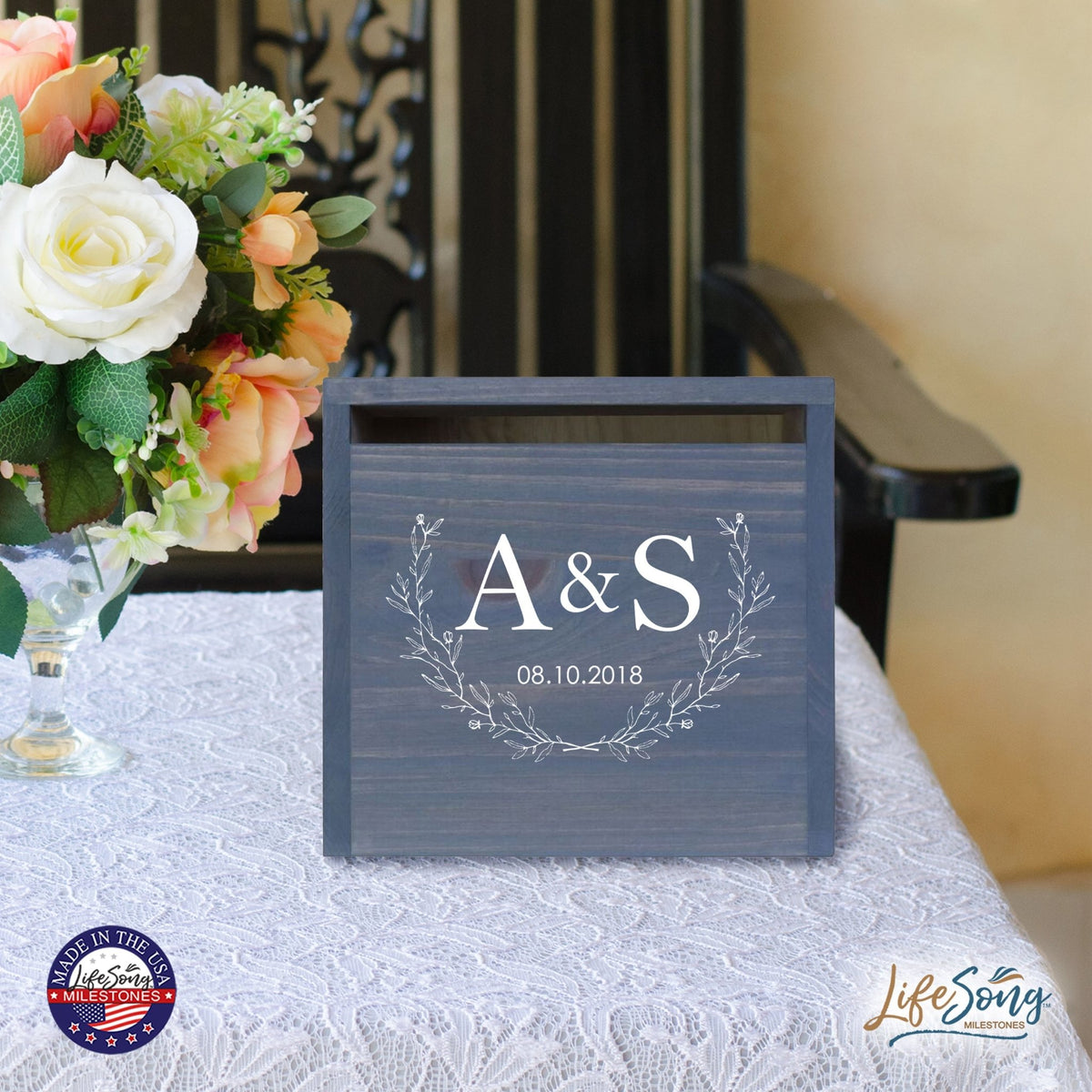 Personalized Wooden Card Box for Wedding Ceremonies, Venues, Receptions, Bridal Showers, and Engagement Parties 13.5x12 - A&S (Leaves) - LifeSong Milestones