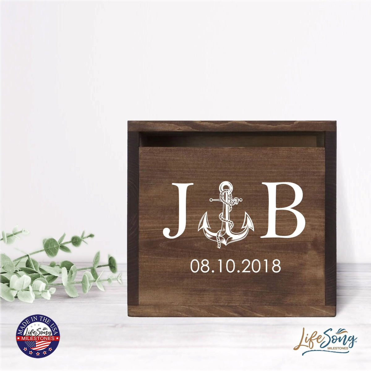 Personalized Wooden Card Box for Wedding Ceremonies, Venues, Receptions, Bridal Showers, and Engagement Parties 13.5x12 - J&B (Anchor) - LifeSong Milestones