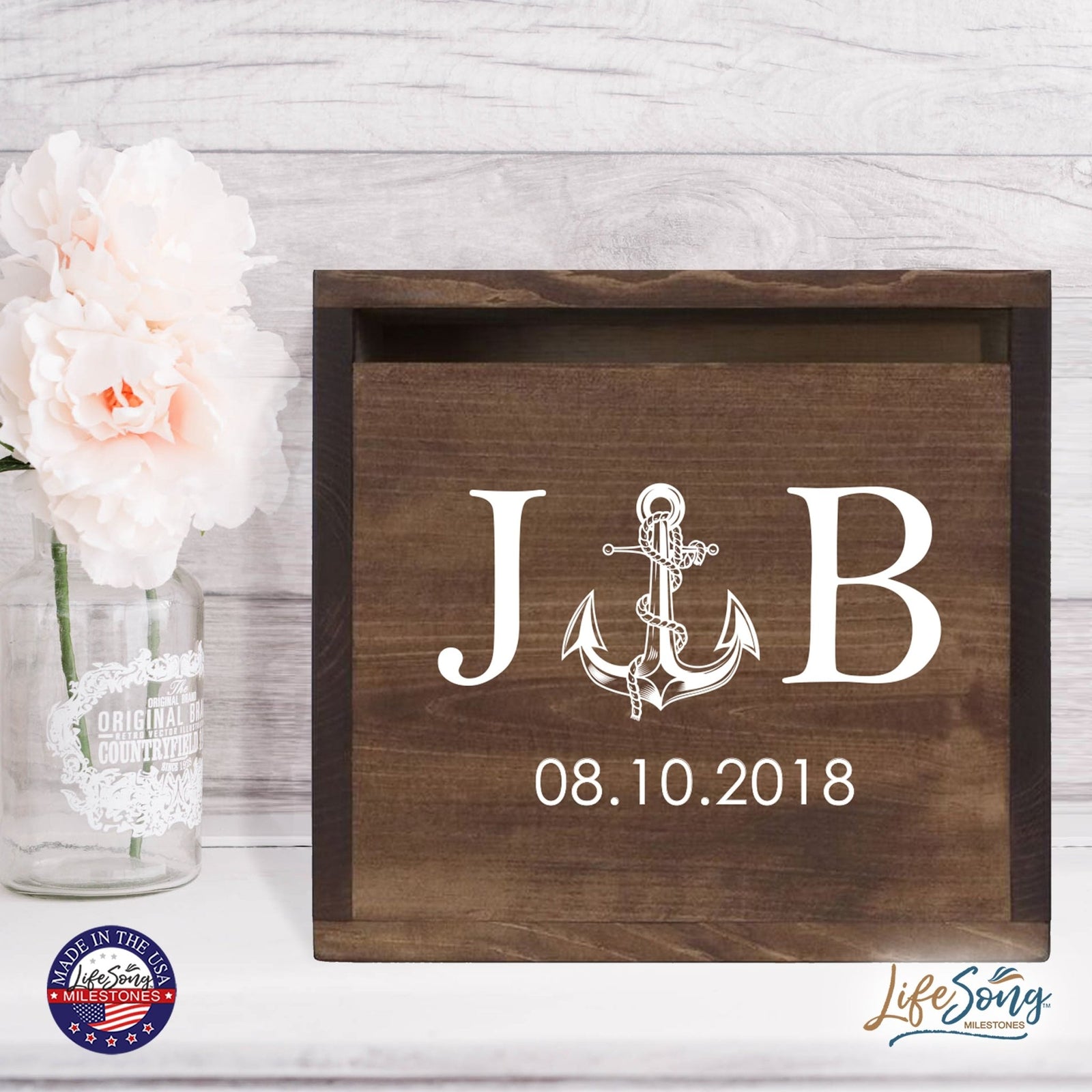 Personalized Wooden Card Box for Wedding Ceremonies, Venues, Receptions, Bridal Showers, and Engagement Parties 13.5x12 - J&B (Anchor) - LifeSong Milestones