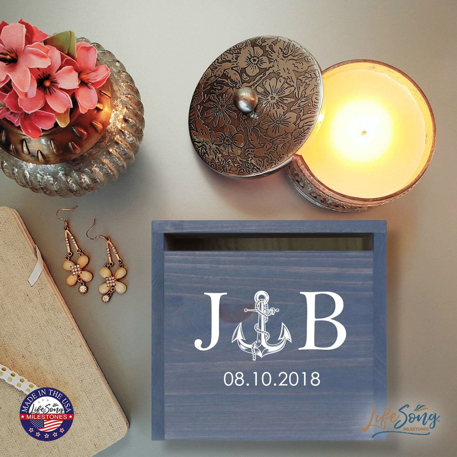 Personalized Wooden Card Box for Wedding Ceremonies, Venues, Receptions, Bridal Showers, and Engagement Parties 13.5x12 - J&B (Anchor) - LifeSong Milestones