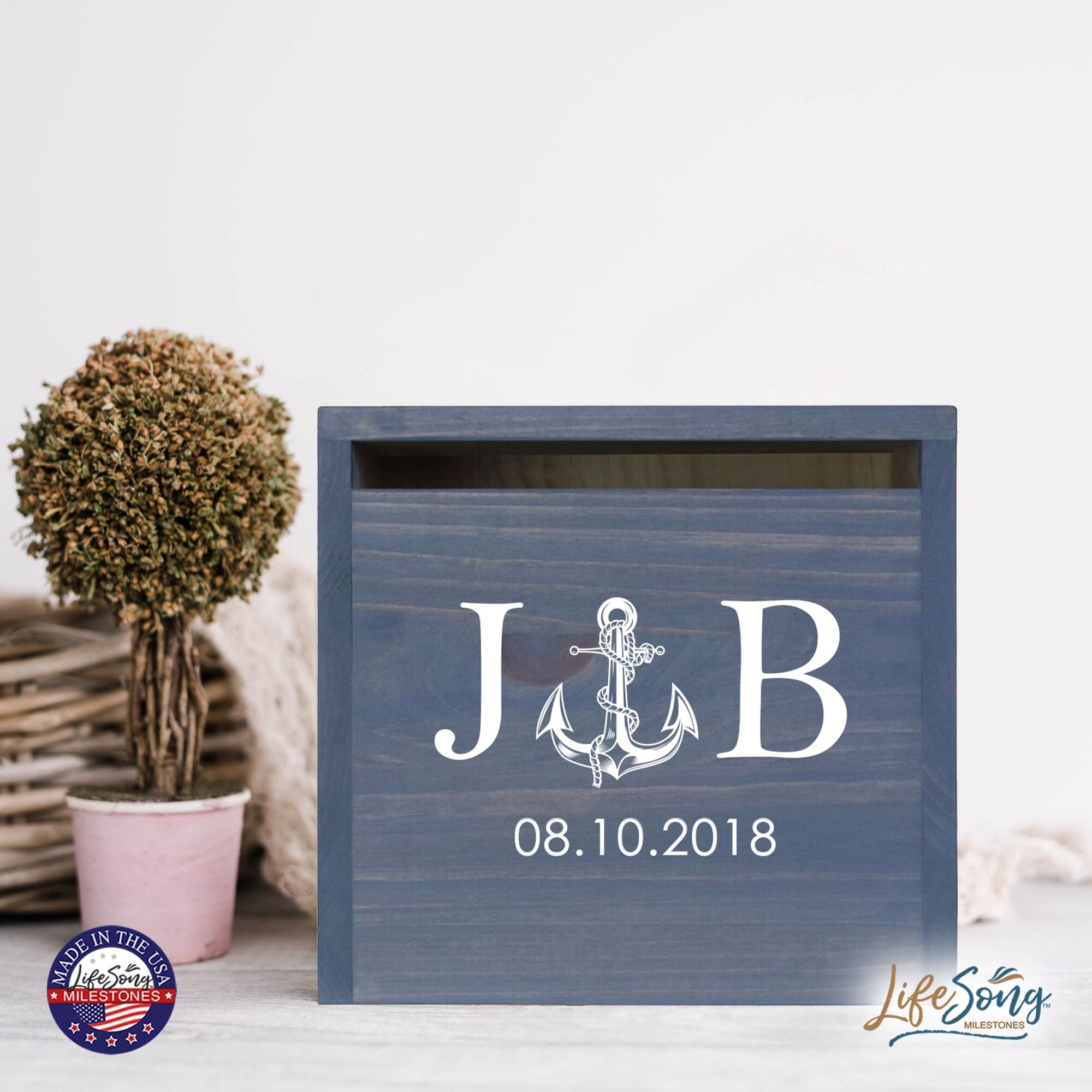 Personalized Wooden Card Box for Wedding Ceremonies, Venues, Receptions, Bridal Showers, and Engagement Parties 13.5x12 - J&B (Anchor) - LifeSong Milestones