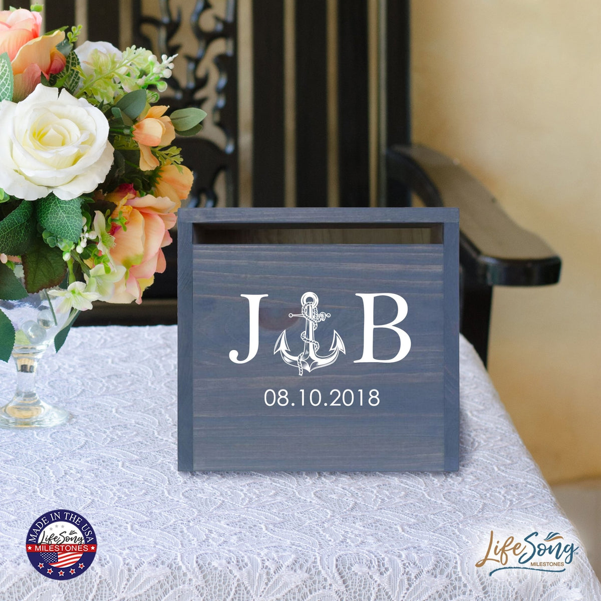 Personalized Wooden Card Box for Wedding Ceremonies, Venues, Receptions, Bridal Showers, and Engagement Parties 13.5x12 - J&B (Anchor) - LifeSong Milestones