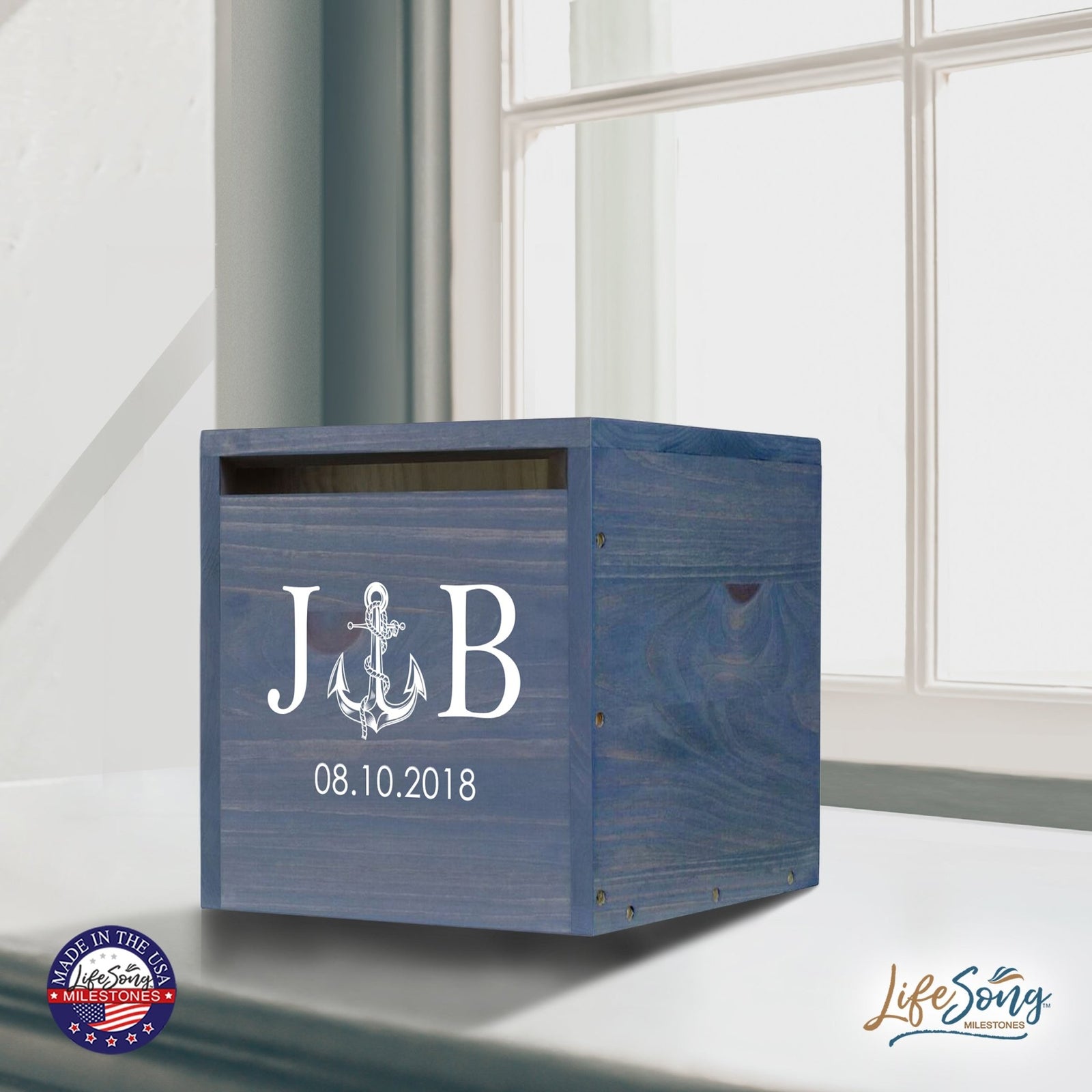 Personalized Wooden Card Box for Wedding Ceremonies, Venues, Receptions, Bridal Showers, and Engagement Parties 13.5x12 - J&B (Anchor) - LifeSong Milestones