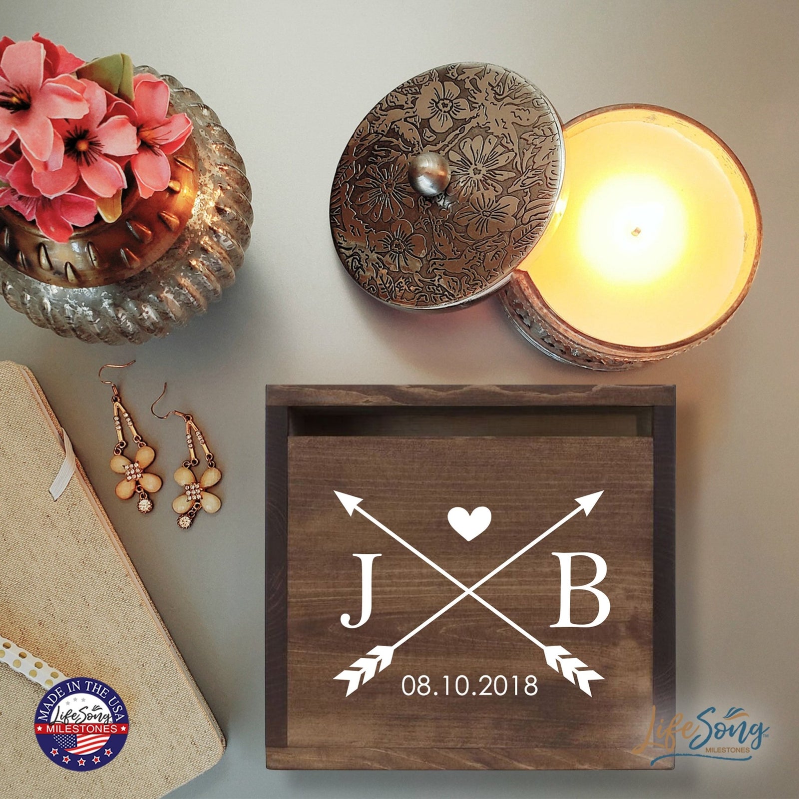Personalized Wooden Card Box for Wedding Ceremonies, Venues, Receptions, Bridal Showers, and Engagement Parties 13.5x12 - J&B (Arrows) - LifeSong Milestones