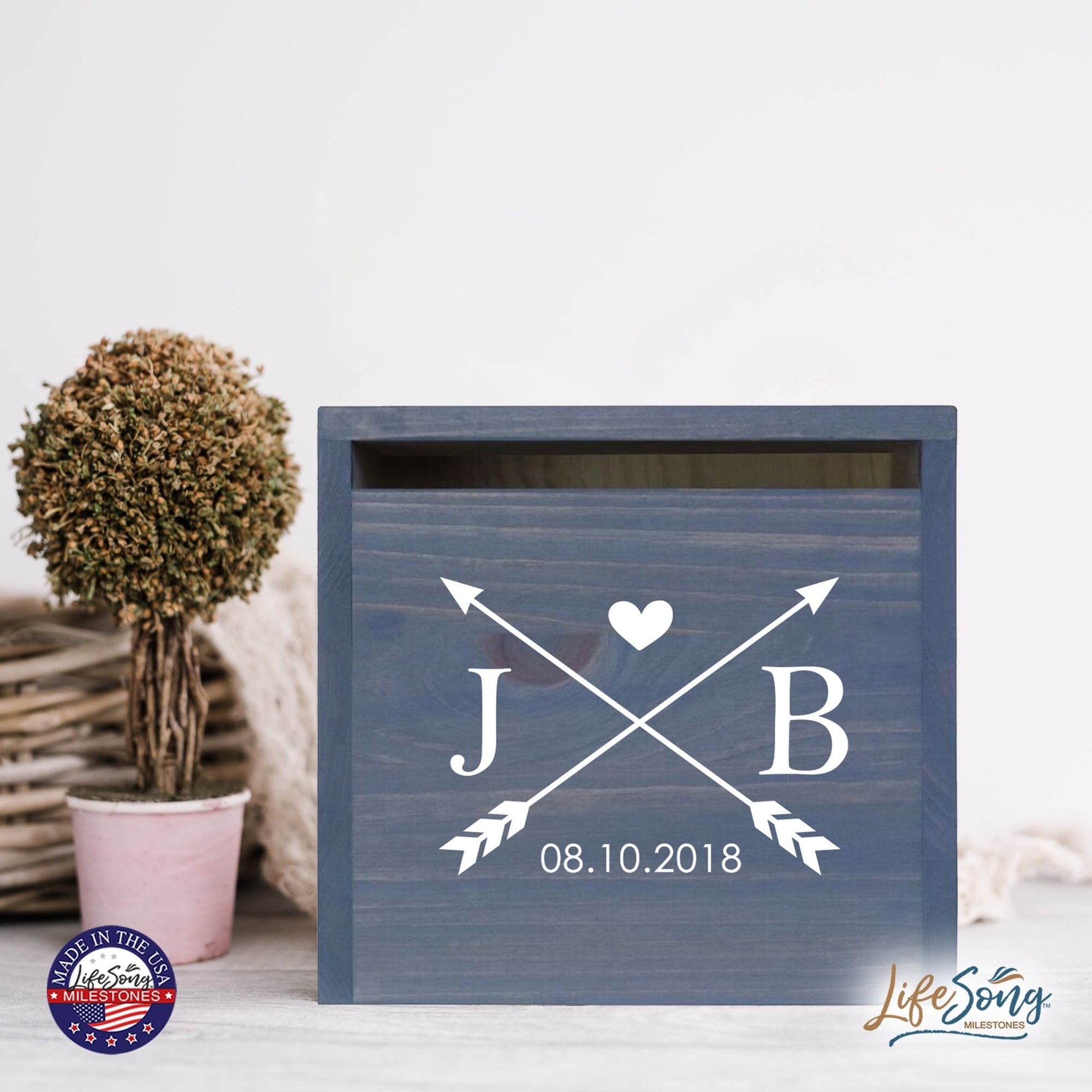 Personalized Wooden Card Box for Wedding Ceremonies, Venues, Receptions, Bridal Showers, and Engagement Parties 13.5x12 - J&B (Arrows) - LifeSong Milestones