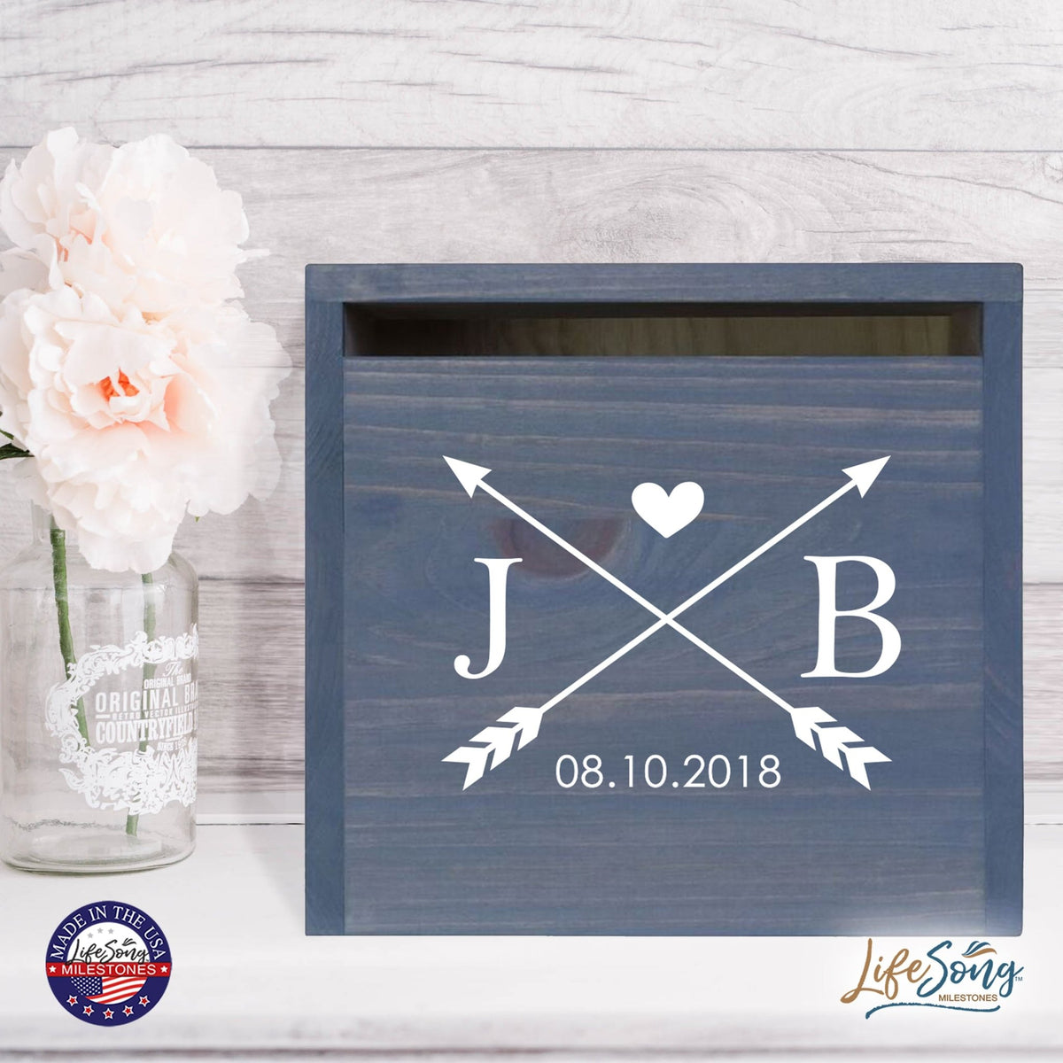 Personalized Wooden Card Box for Wedding Ceremonies, Venues, Receptions, Bridal Showers, and Engagement Parties 13.5x12 - J&B (Arrows) - LifeSong Milestones