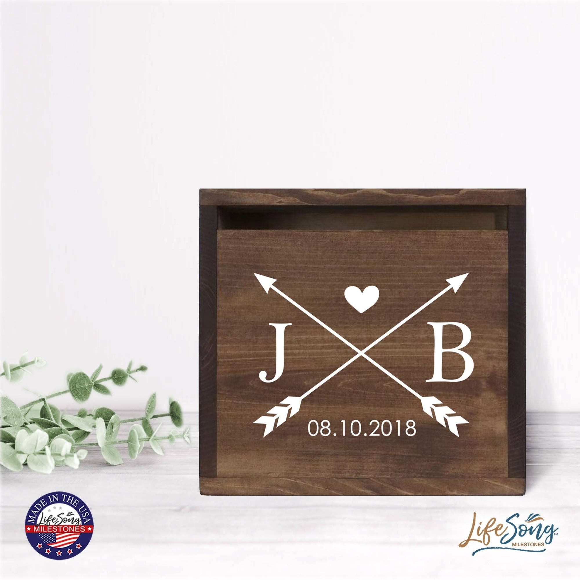 Personalized Wooden Card Box for Wedding Ceremonies, Venues, Receptions, Bridal Showers, and Engagement Parties 13.5x12 - J&B (Arrows) - LifeSong Milestones