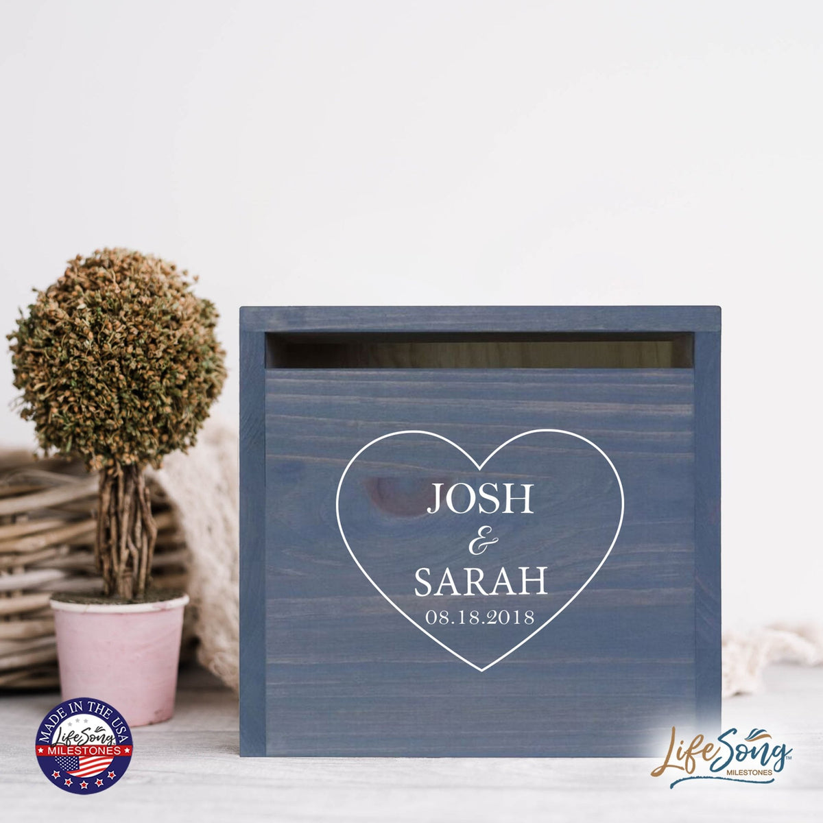 Personalized Wooden Card Box for Wedding Ceremonies, Venues, Receptions, Bridal Showers, and Engagement Parties 13.5x12 - Josh & Sarah (Heart) - LifeSong Milestones