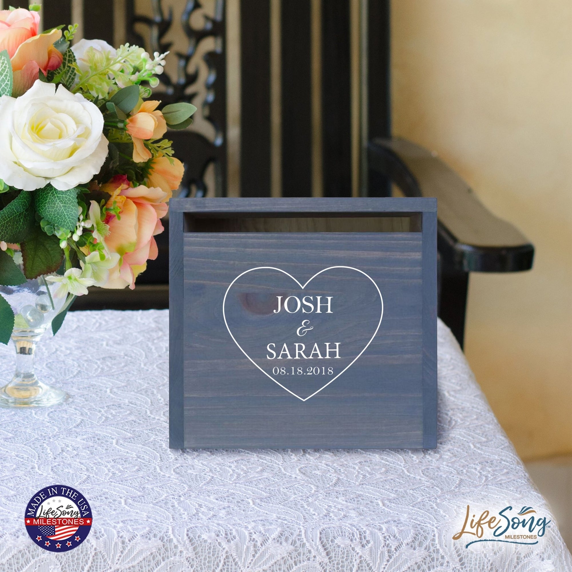 Personalized Wooden Card Box for Wedding Ceremonies, Venues, Receptions, Bridal Showers, and Engagement Parties 13.5x12 - Josh & Sarah (Heart) - LifeSong Milestones