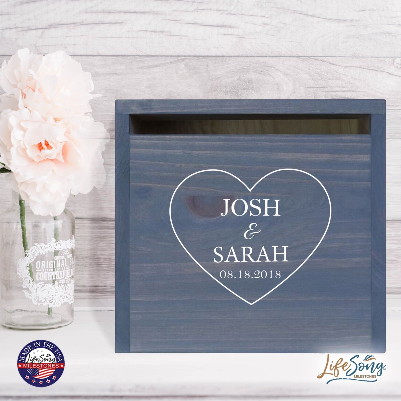 Personalized Wooden Card Box for Wedding Ceremonies, Venues, Receptions, Bridal Showers, and Engagement Parties 13.5x12 - Josh & Sarah (Heart) - LifeSong Milestones
