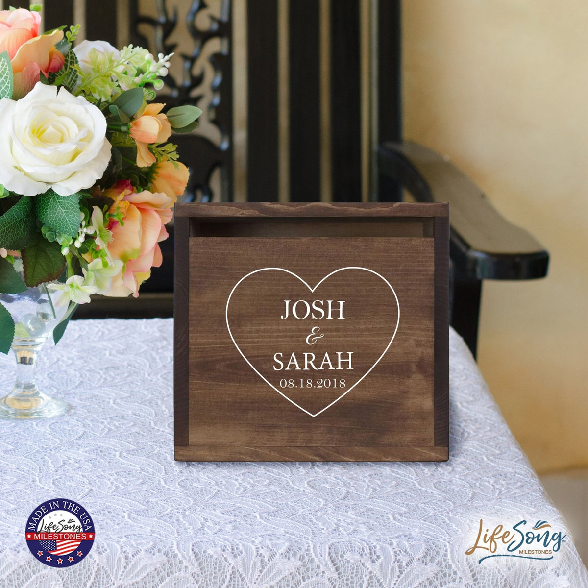 Personalized Wooden Card Box for Wedding Ceremonies, Venues, Receptions, Bridal Showers, and Engagement Parties 13.5x12 - Josh & Sarah (Heart) - LifeSong Milestones