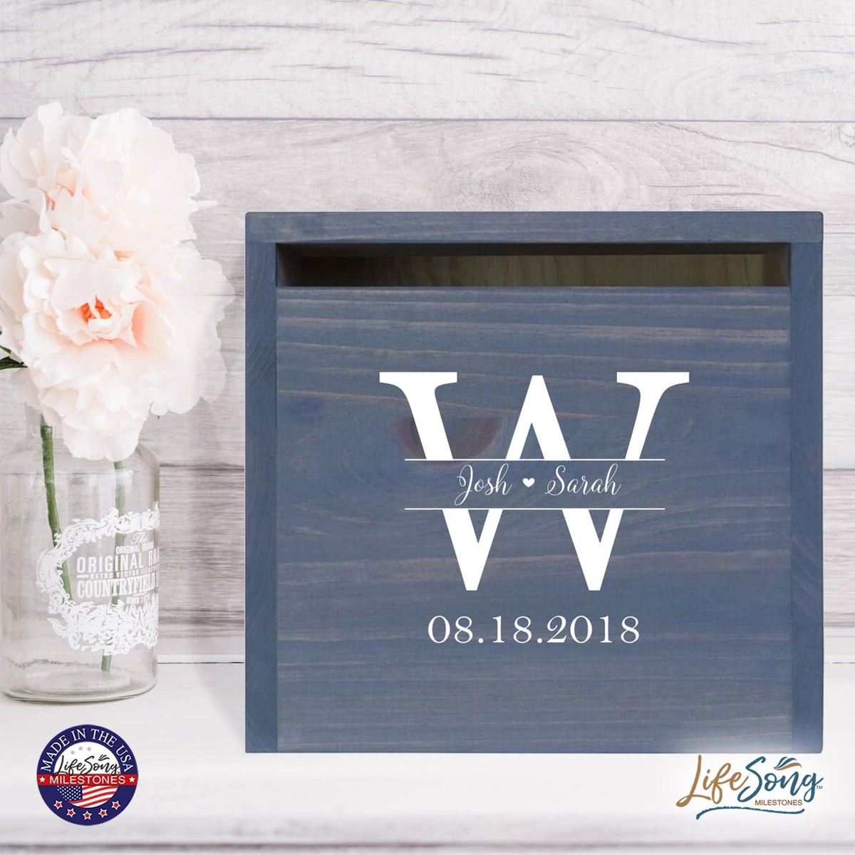 Personalized Wooden Card Box for Wedding Ceremonies, Venues, Receptions, Bridal Showers, and Engagement Parties 13.5x12 - Josh & Sarah (W) - LifeSong Milestones