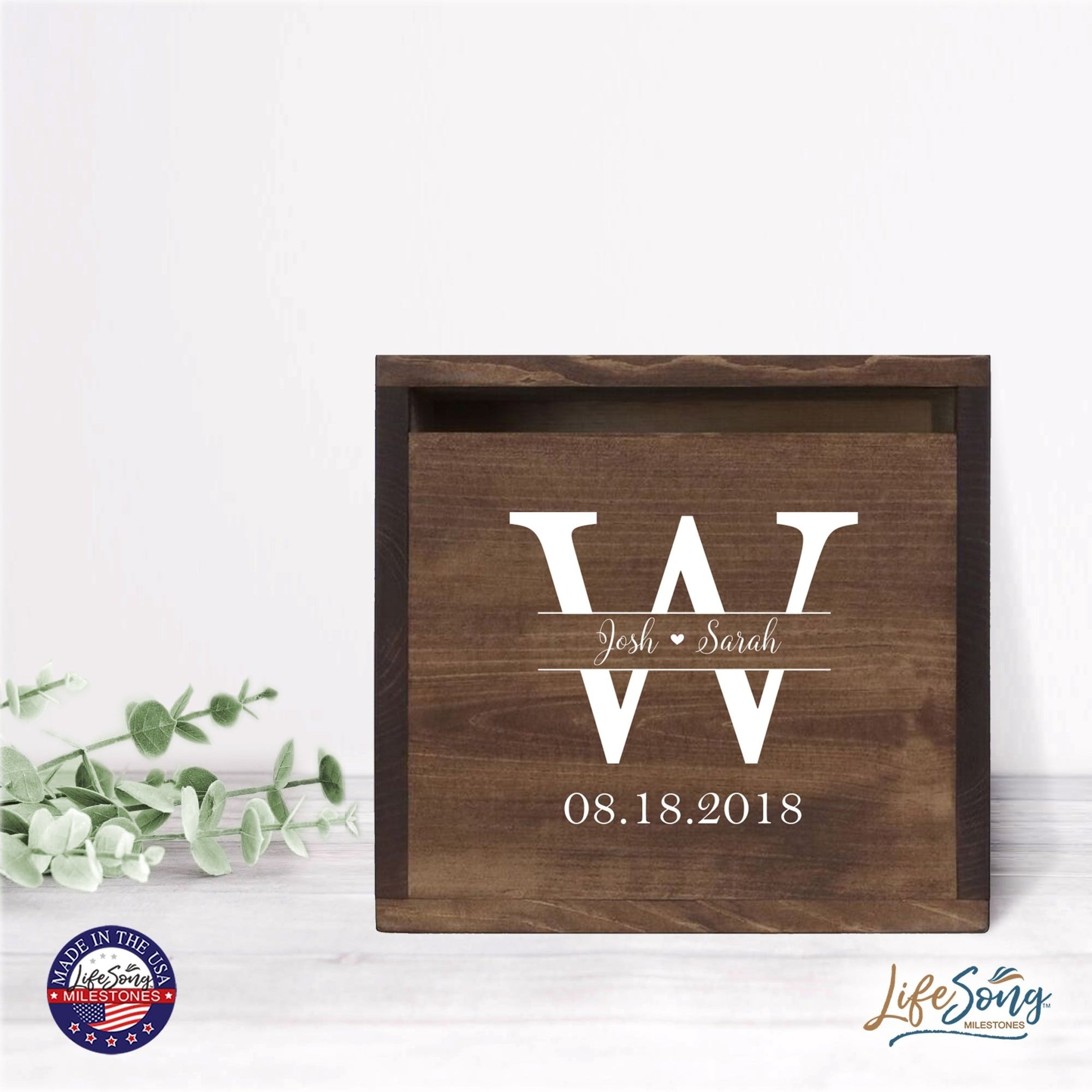Personalized Wooden Card Box for Wedding Ceremonies, Venues, Receptions, Bridal Showers, and Engagement Parties 13.5x12 - Josh & Sarah (W) - LifeSong Milestones
