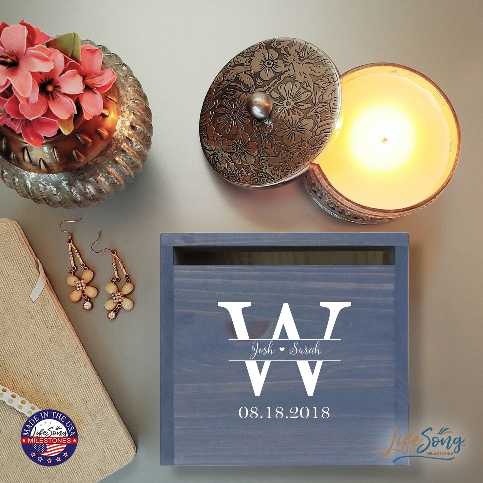 Personalized Wooden Card Box for Wedding Ceremonies, Venues, Receptions, Bridal Showers, and Engagement Parties 13.5x12 - Josh & Sarah (W) - LifeSong Milestones