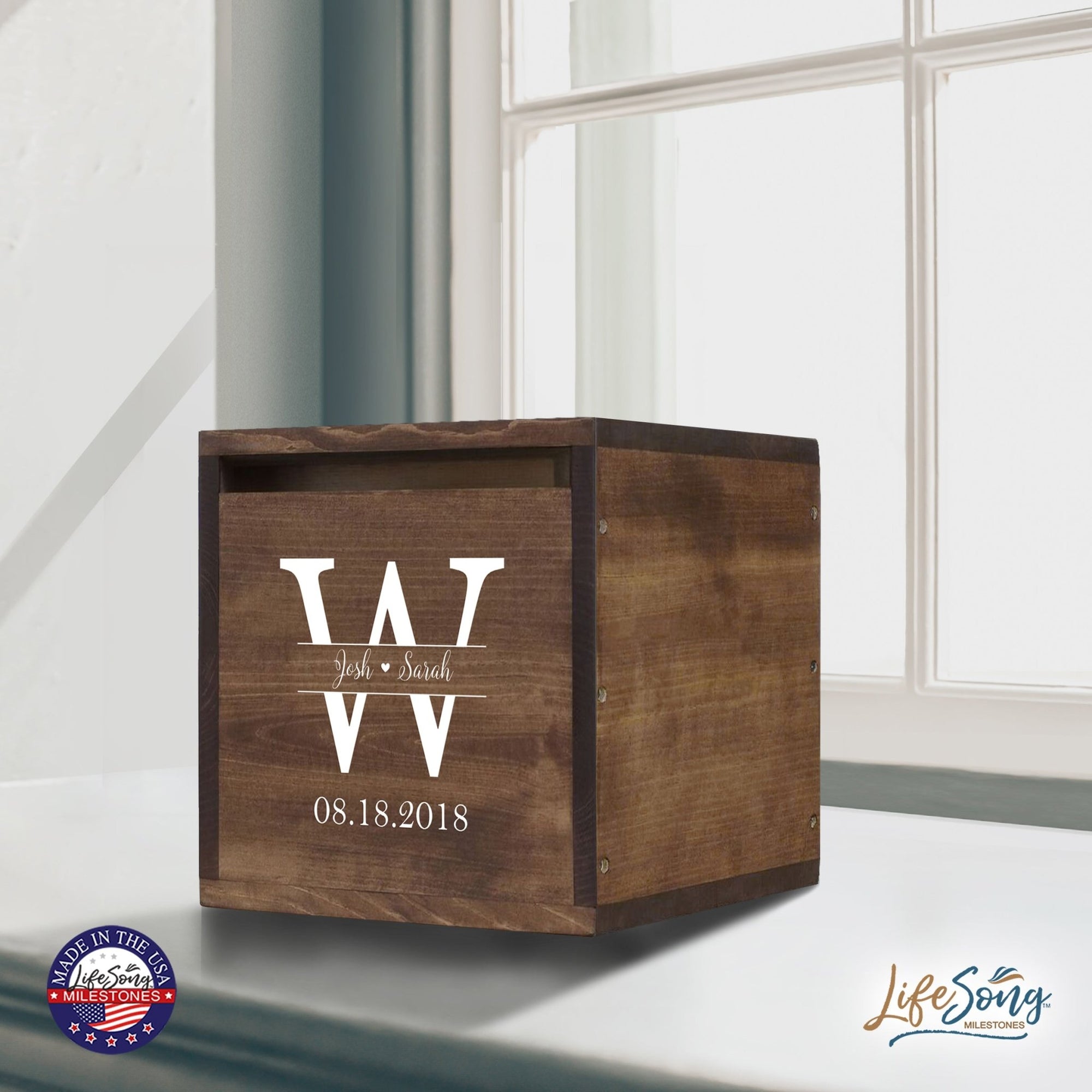 Personalized Wooden Card Box for Wedding Ceremonies, Venues, Receptions, Bridal Showers, and Engagement Parties 13.5x12 - Josh & Sarah (W) - LifeSong Milestones