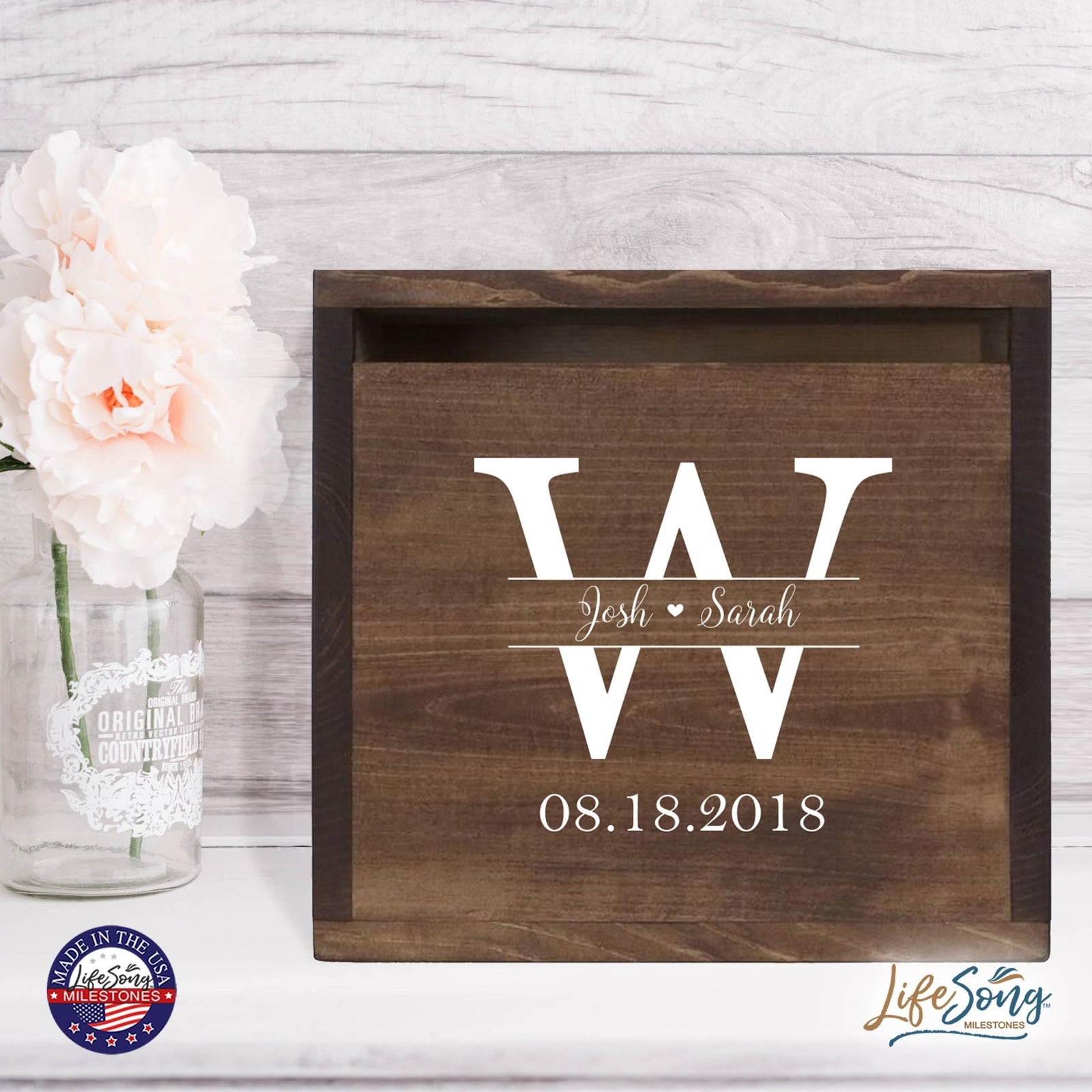 Personalized Wooden Card Box for Wedding Ceremonies, Venues, Receptions, Bridal Showers, and Engagement Parties 13.5x12 - Josh & Sarah (W) - LifeSong Milestones