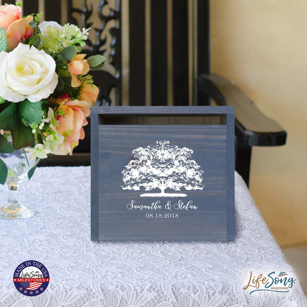 Personalized Wooden Card Box for Wedding Ceremonies, Venues, Receptions, Bridal Showers, and Engagement Parties 13.5x12 - Samantha & Stefan (Tree) - LifeSong Milestones