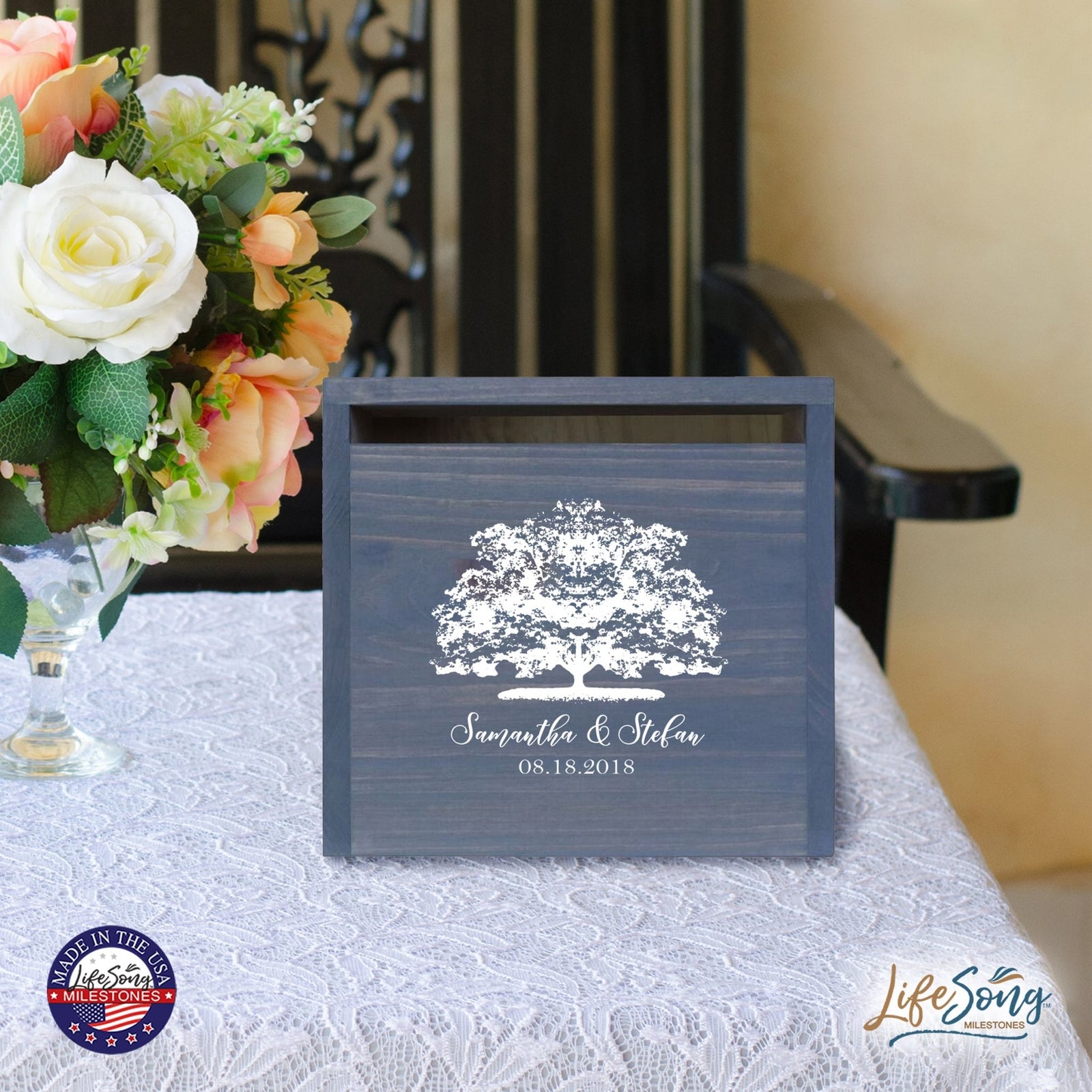 Personalized Wooden Card Box for Wedding Ceremonies, Venues, Receptions, Bridal Showers, and Engagement Parties 13.5x12 - Samantha & Stefan (Tree) - LifeSong Milestones