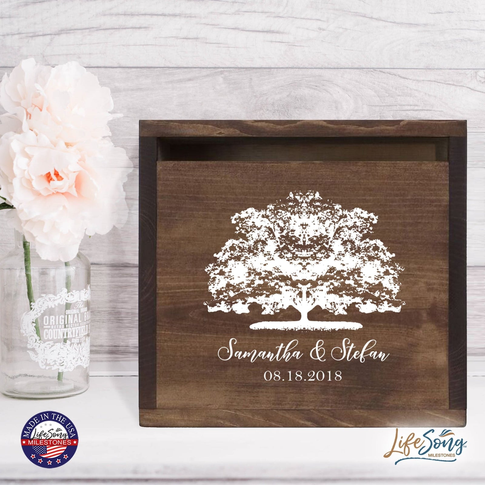 Personalized Wooden Card Box for Wedding Ceremonies, Venues, Receptions, Bridal Showers, and Engagement Parties 13.5x12 - Samantha & Stefan (Tree) - LifeSong Milestones