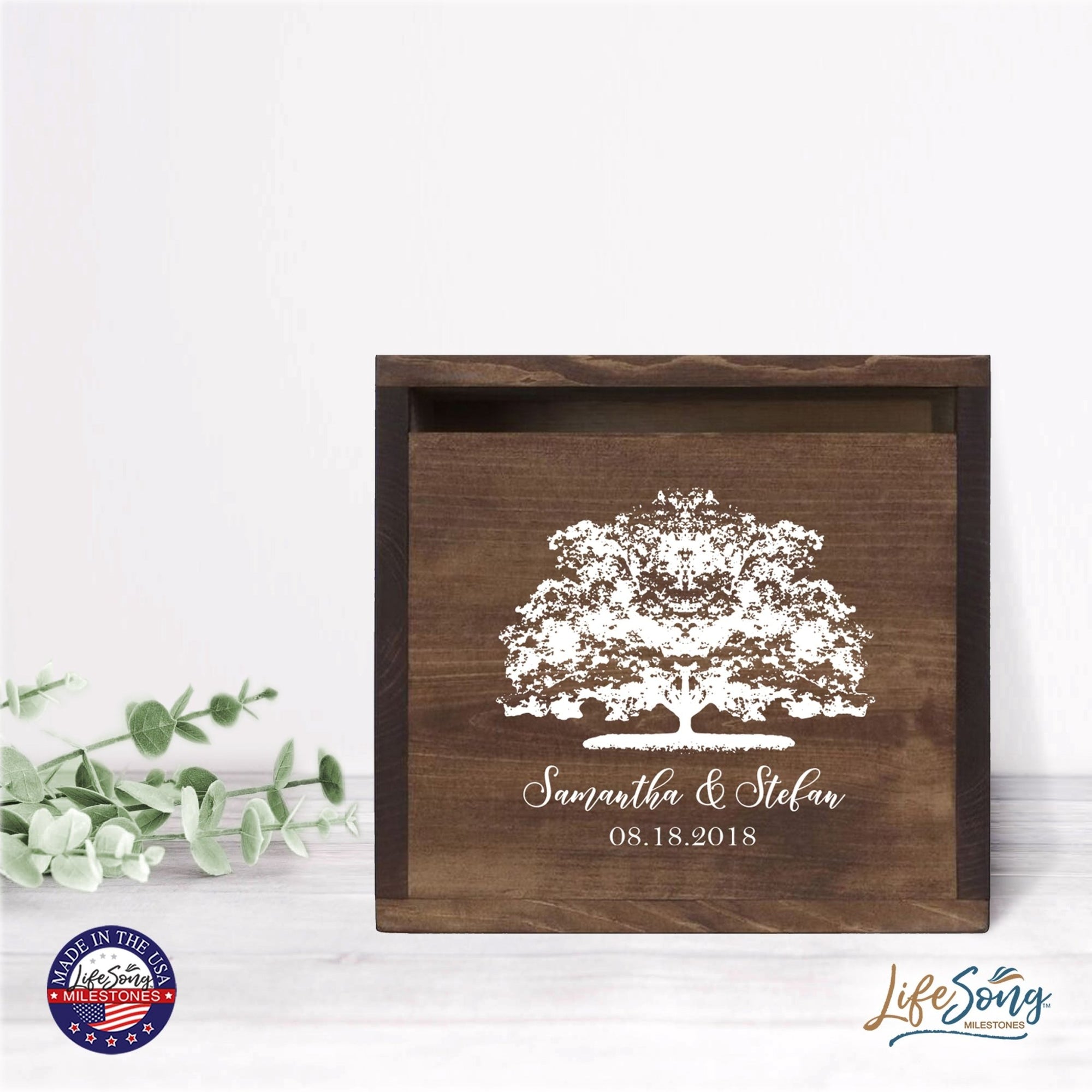 Personalized Wooden Card Box for Wedding Ceremonies, Venues, Receptions, Bridal Showers, and Engagement Parties 13.5x12 - Samantha & Stefan (Tree) - LifeSong Milestones