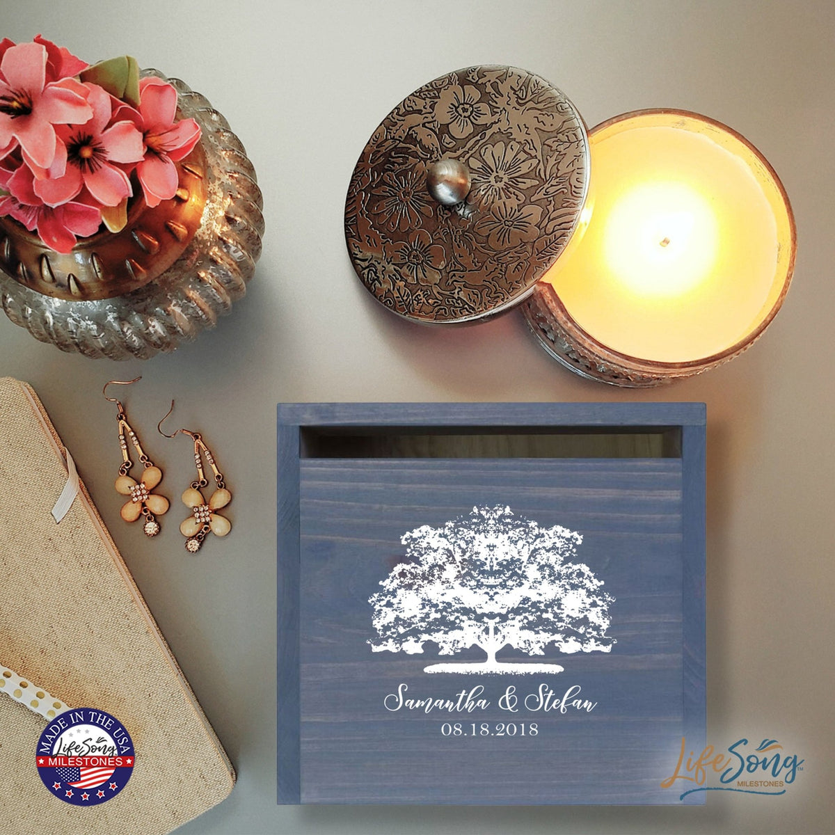 Personalized Wooden Card Box for Wedding Ceremonies, Venues, Receptions, Bridal Showers, and Engagement Parties 13.5x12 - Samantha & Stefan (Tree) - LifeSong Milestones