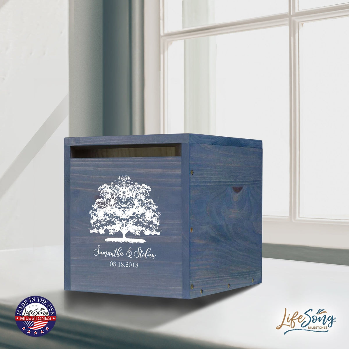 Personalized Wooden Card Box for Wedding Ceremonies, Venues, Receptions, Bridal Showers, and Engagement Parties 13.5x12 - Samantha & Stefan (Tree) - LifeSong Milestones