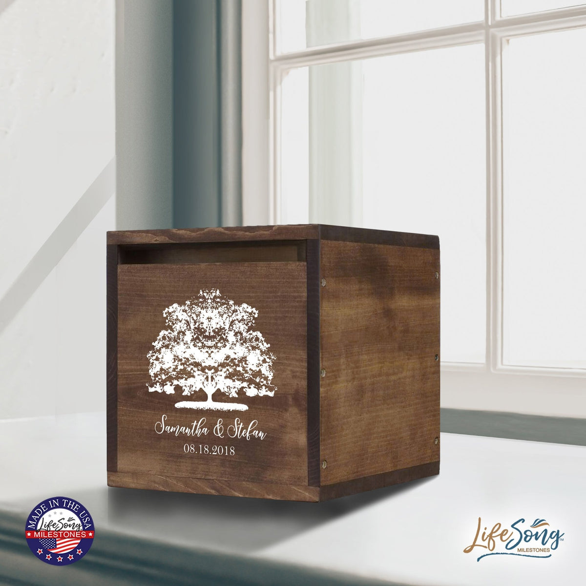 Personalized Wooden Card Box for Wedding Ceremonies, Venues, Receptions, Bridal Showers, and Engagement Parties 13.5x12 - Samantha & Stefan (Tree) - LifeSong Milestones