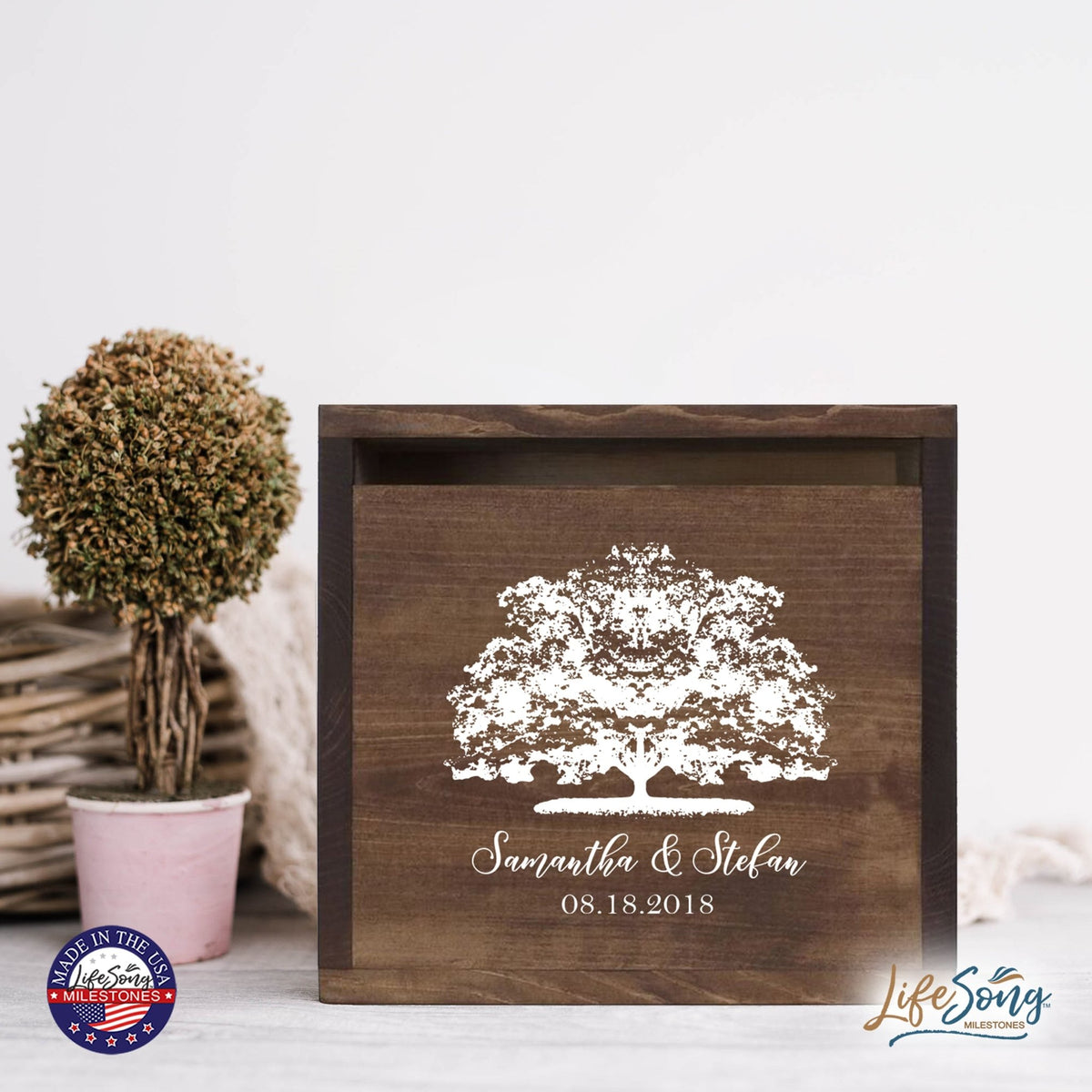 Personalized Wooden Card Box for Wedding Ceremonies, Venues, Receptions, Bridal Showers, and Engagement Parties 13.5x12 - Samantha & Stefan (Tree) - LifeSong Milestones