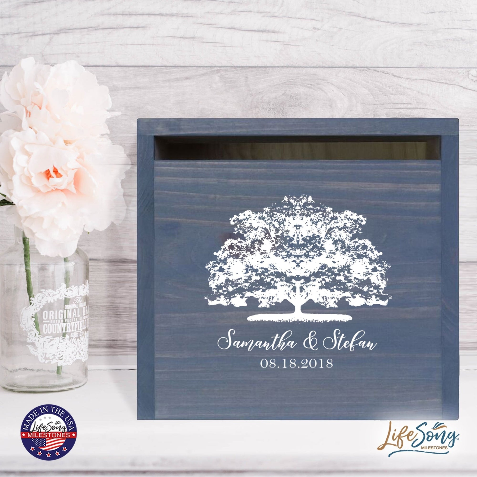 Personalized Wooden Card Box for Wedding Ceremonies, Venues, Receptions, Bridal Showers, and Engagement Parties 13.5x12 - Samantha & Stefan (Tree) - LifeSong Milestones