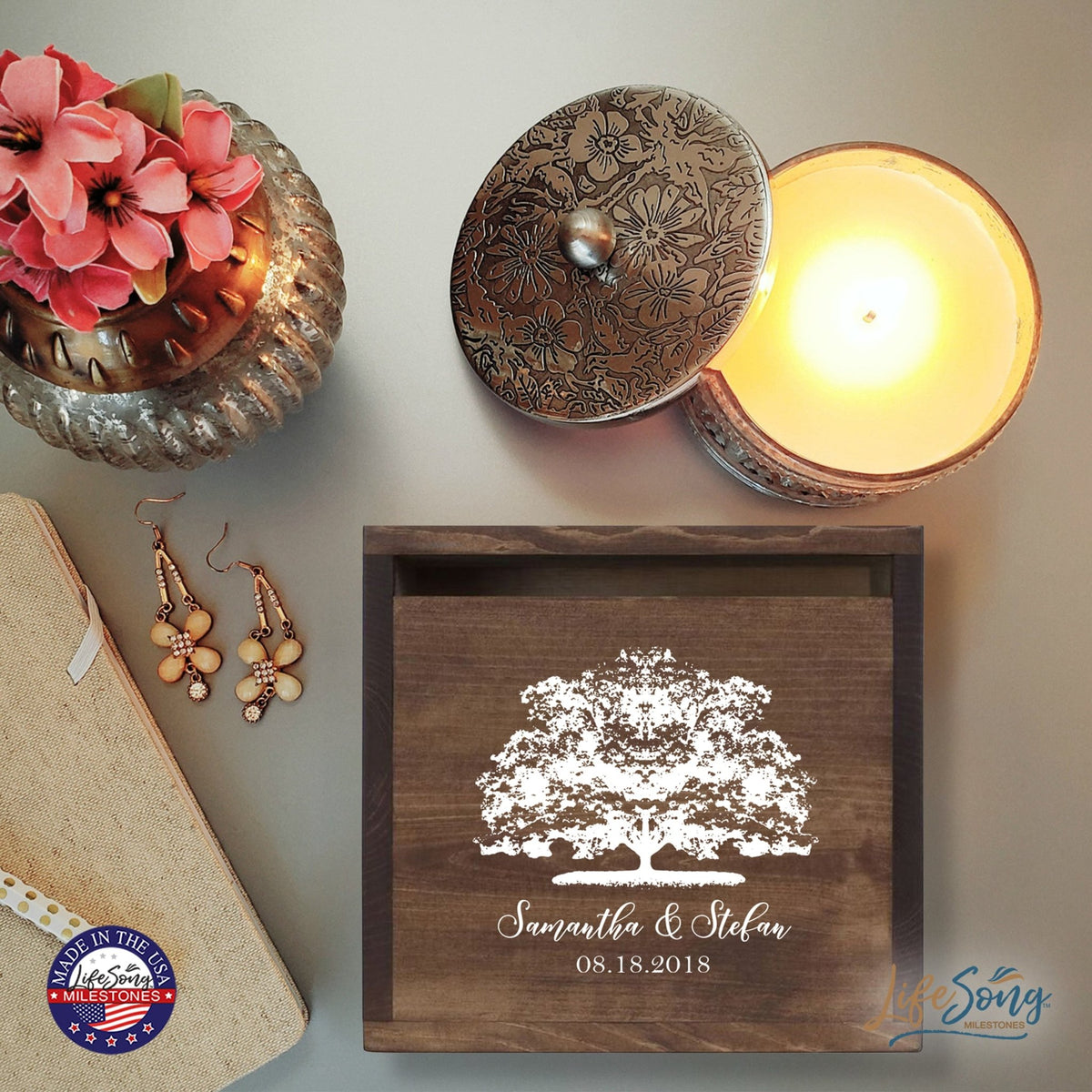 Personalized Wooden Card Box for Wedding Ceremonies, Venues, Receptions, Bridal Showers, and Engagement Parties 13.5x12 - Samantha & Stefan (Tree) - LifeSong Milestones
