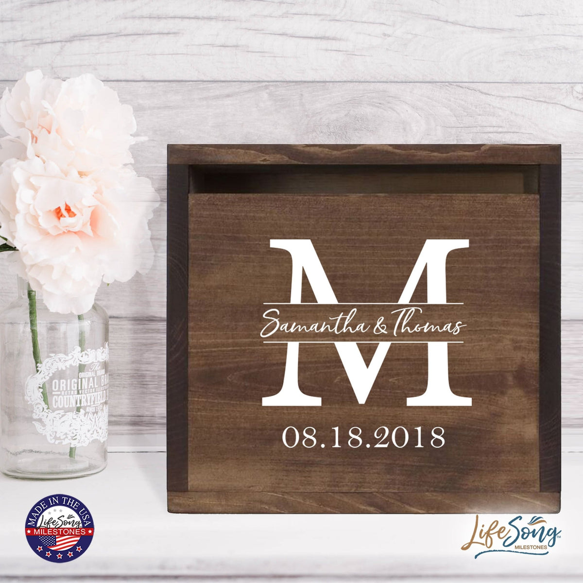 Personalized Wooden Card Box for Wedding Ceremonies, Venues, Receptions, Bridal Showers, and Engagement Parties 13.5x12 - Samatha & Thomas (M) - LifeSong Milestones
