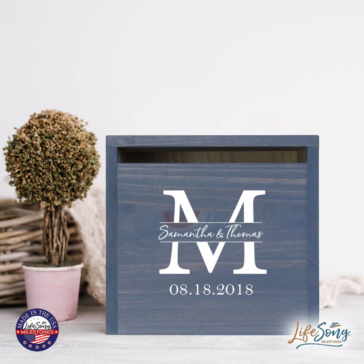 Personalized Wooden Card Box for Wedding Ceremonies, Venues, Receptions, Bridal Showers, and Engagement Parties 13.5x12 - Samatha & Thomas (M) - LifeSong Milestones