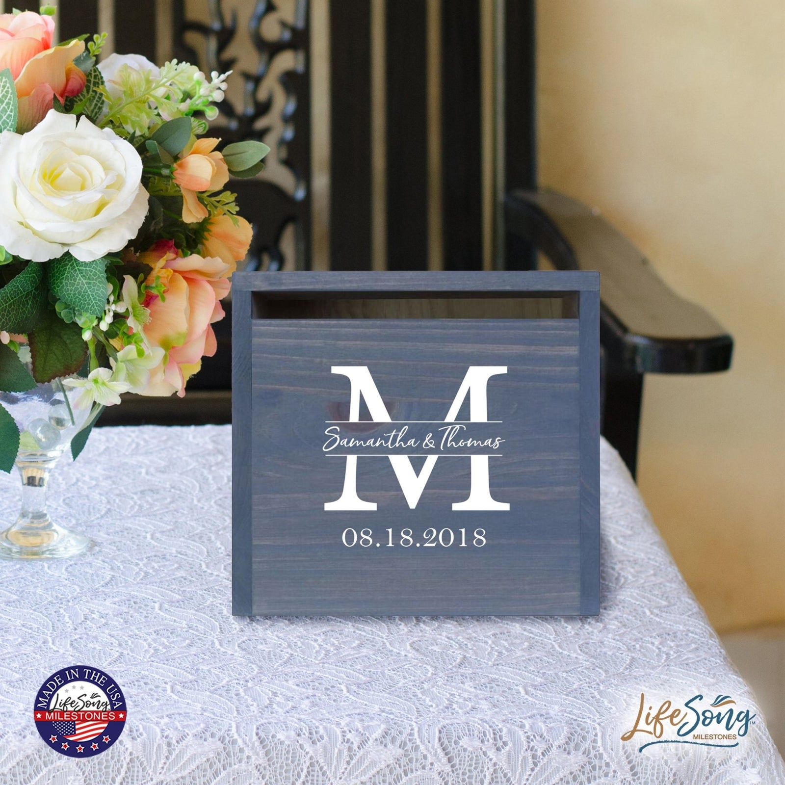 Personalized Wooden Card Box for Wedding Ceremonies, Venues, Receptions, Bridal Showers, and Engagement Parties 13.5x12 - Samatha & Thomas (M) - LifeSong Milestones