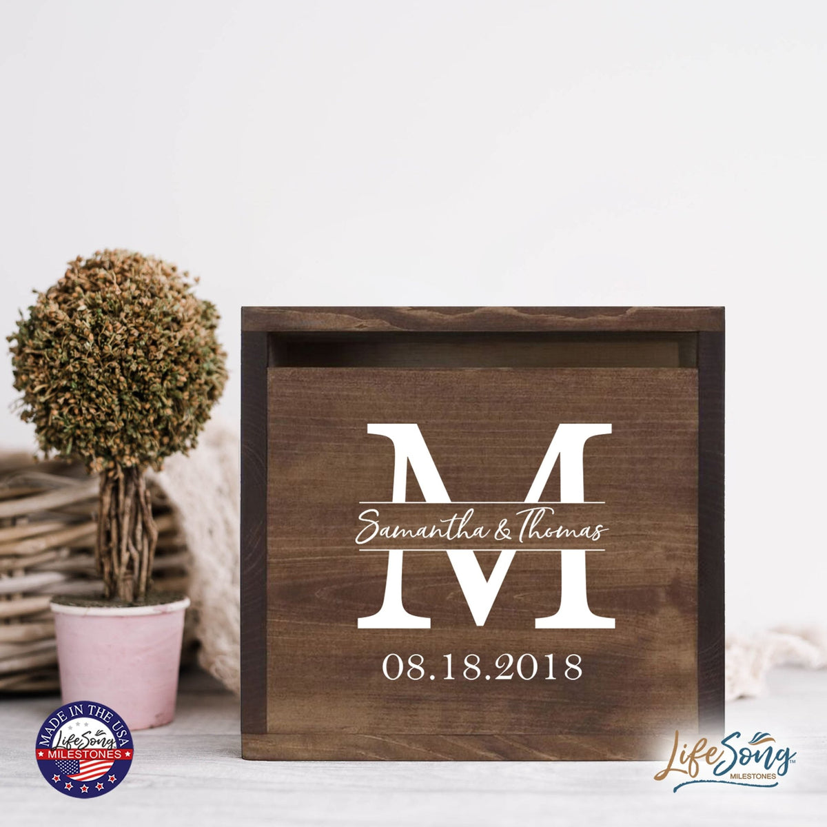 Personalized Wooden Card Box for Wedding Ceremonies, Venues, Receptions, Bridal Showers, and Engagement Parties 13.5x12 - Samatha & Thomas (M) - LifeSong Milestones