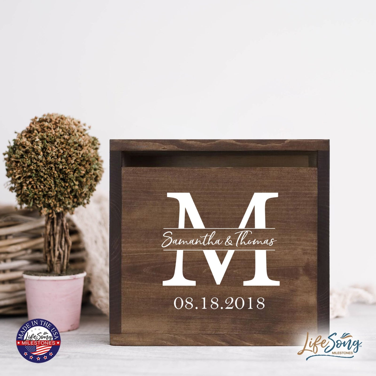 Personalized Wooden Card Box for Wedding Ceremonies, Venues, Receptions, Bridal Showers, and Engagement Parties 13.5x12 - Samatha & Thomas (M) - LifeSong Milestones