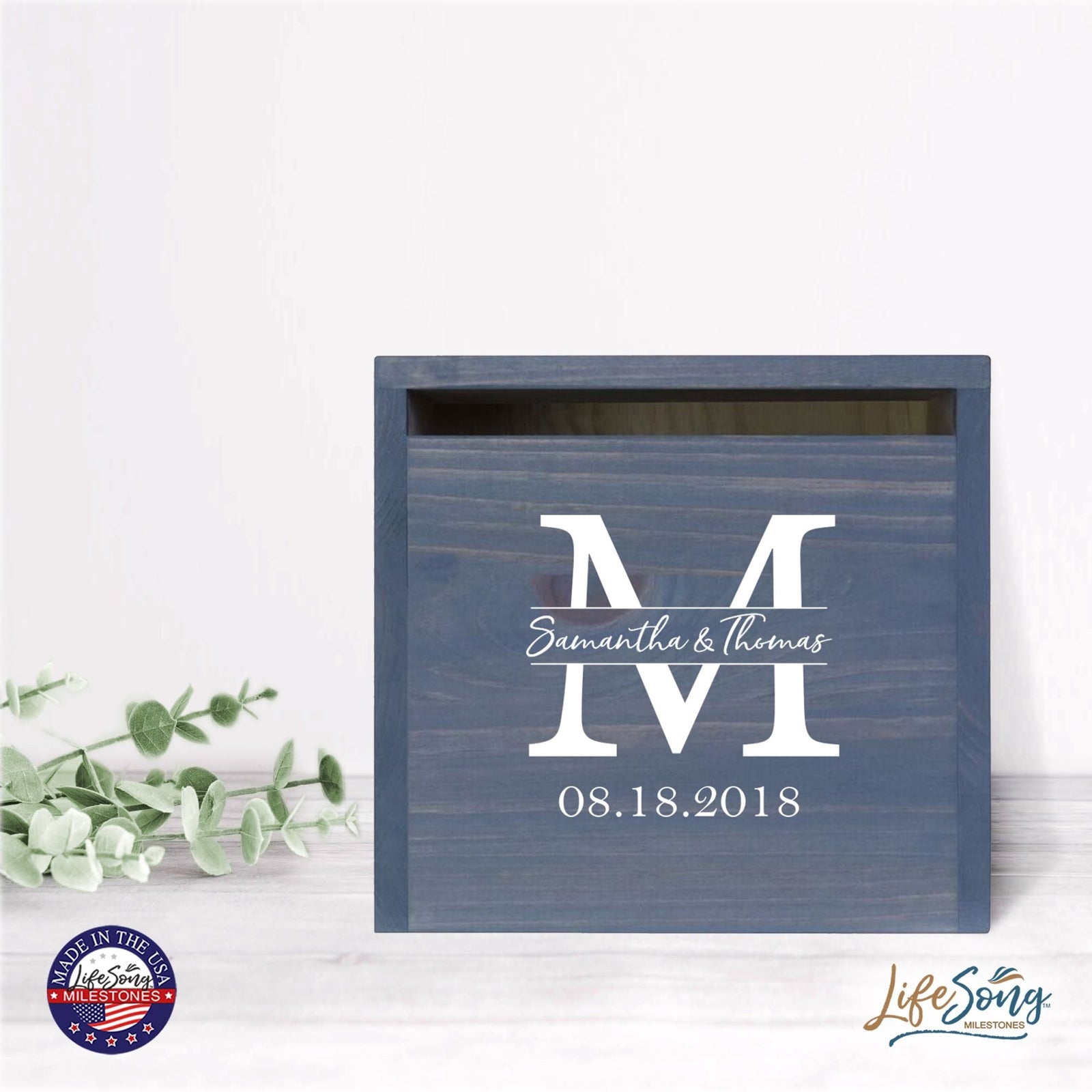 Personalized Wooden Card Box for Wedding Ceremonies, Venues, Receptions, Bridal Showers, and Engagement Parties 13.5x12 - Samatha & Thomas (M) - LifeSong Milestones