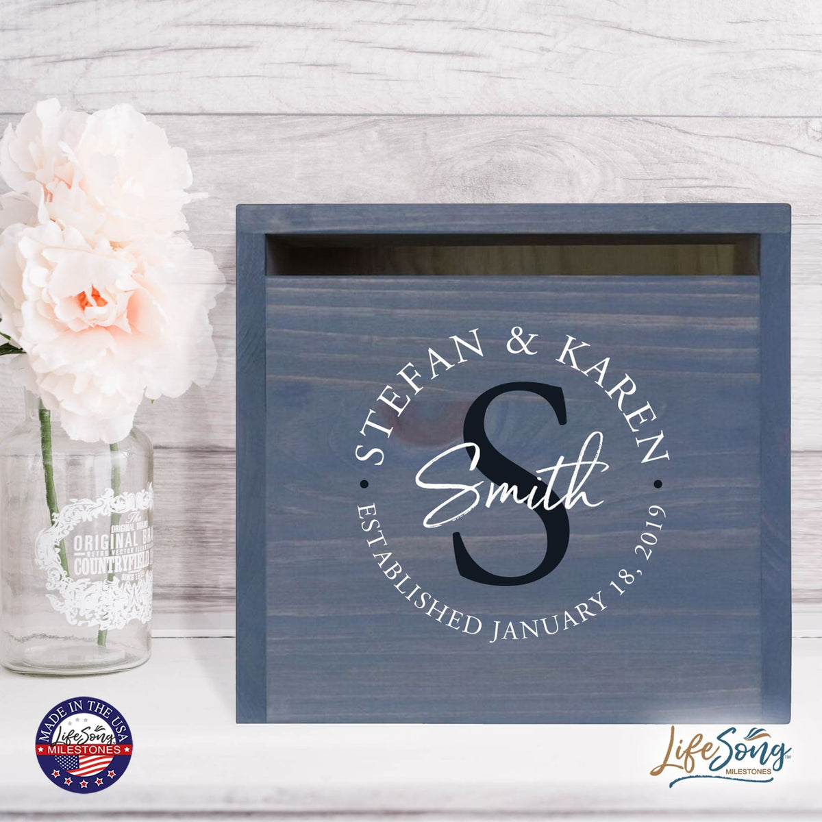 Personalized Wooden Card Box for Wedding Ceremonies, Venues, Receptions, Bridal Showers, and Engagement Parties 13.5x12 - Stefan & Karen (S) - LifeSong Milestones