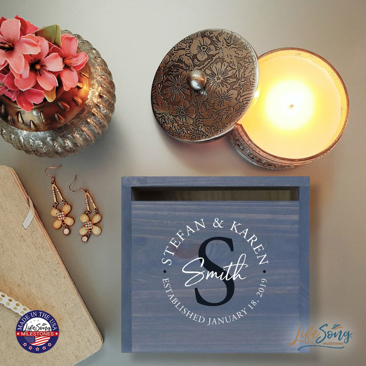 Personalized Wooden Card Box for Wedding Ceremonies, Venues, Receptions, Bridal Showers, and Engagement Parties 13.5x12 - Stefan & Karen (S) - LifeSong Milestones