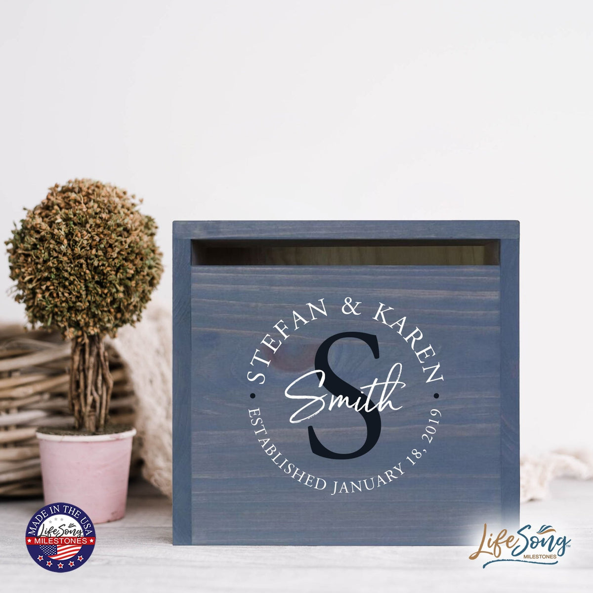 Personalized Wooden Card Box for Wedding Ceremonies, Venues, Receptions, Bridal Showers, and Engagement Parties 13.5x12 - Stefan & Karen (S) - LifeSong Milestones