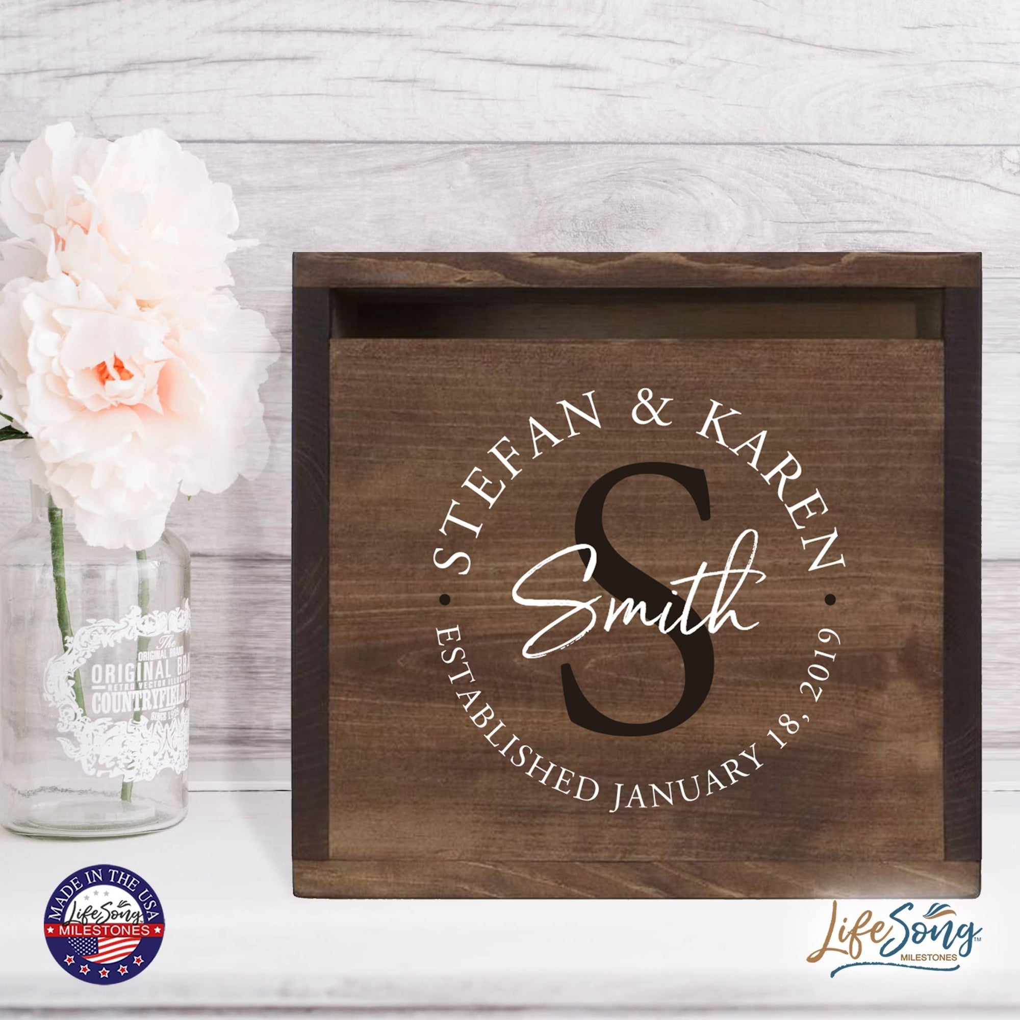 Personalized Wooden Card Box for Wedding Ceremonies, Venues, Receptions, Bridal Showers, and Engagement Parties 13.5x12 - Stefan & Karen (S) - LifeSong Milestones