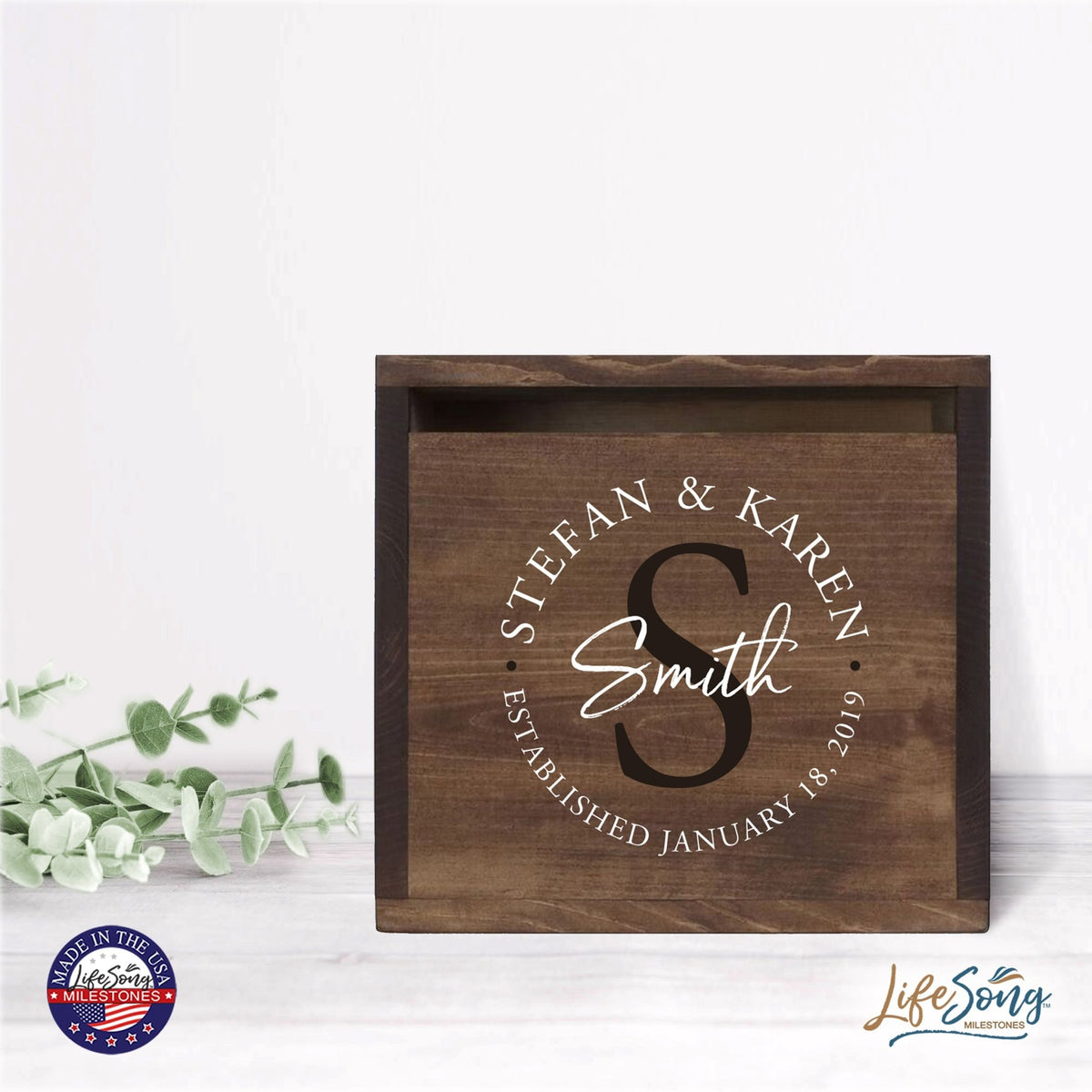 Personalized Wooden Card Box for Wedding Ceremonies, Venues, Receptions, Bridal Showers, and Engagement Parties 13.5x12 - Stefan & Karen (S) - LifeSong Milestones