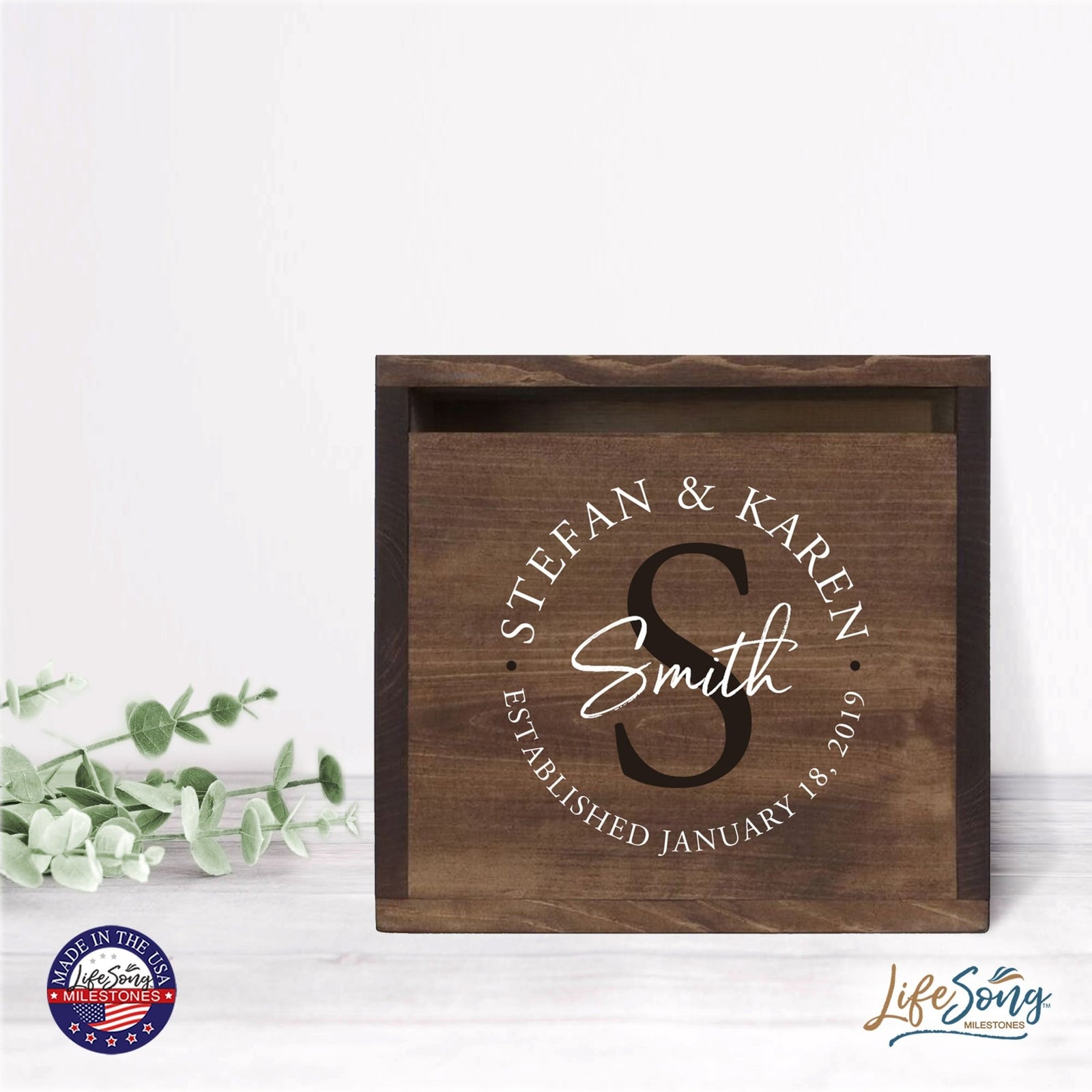 Personalized Wooden Card Box for Wedding Ceremonies, Venues, Receptions, Bridal Showers, and Engagement Parties 13.5x12 - Stefan & Karen (S) - LifeSong Milestones