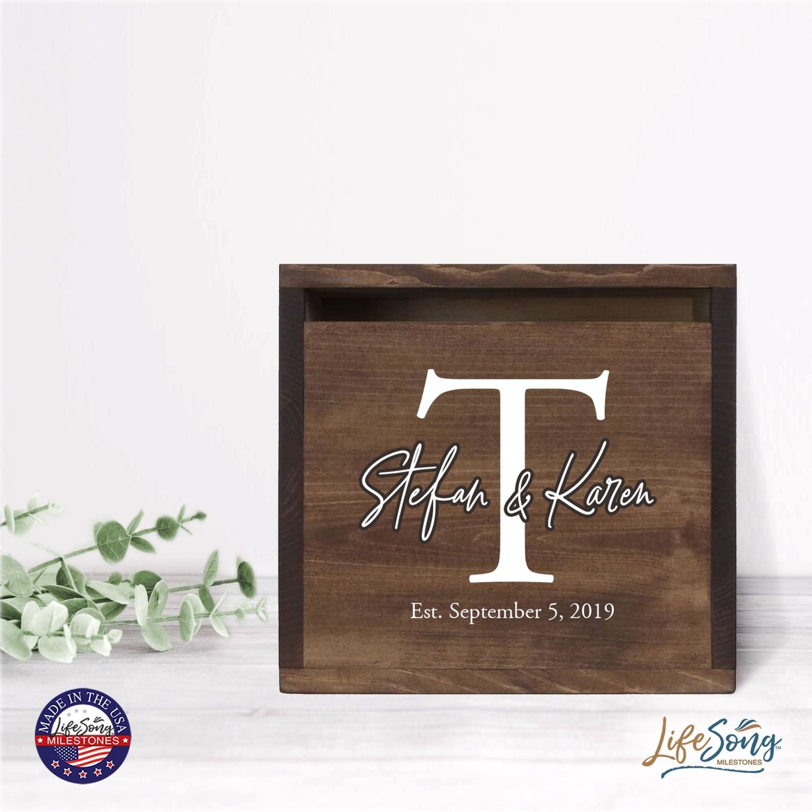 Personalized Wooden Card Box for Wedding Ceremonies, Venues, Receptions, Bridal Showers, and Engagement Parties 13.5x12 - Stefan & Karen (T) - LifeSong Milestones