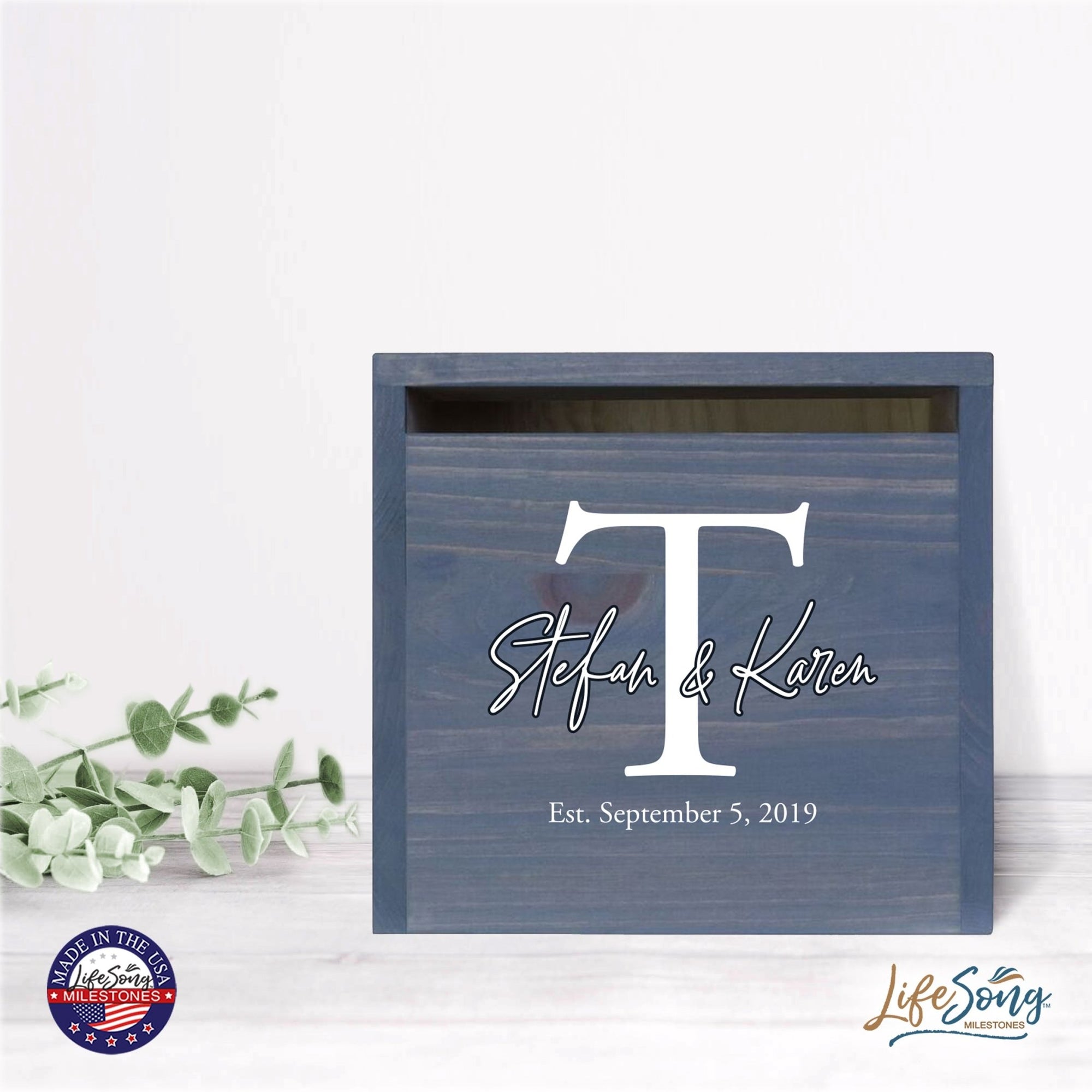 Personalized Wooden Card Box for Wedding Ceremonies, Venues, Receptions, Bridal Showers, and Engagement Parties 13.5x12 - Stefan & Karen (T) - LifeSong Milestones